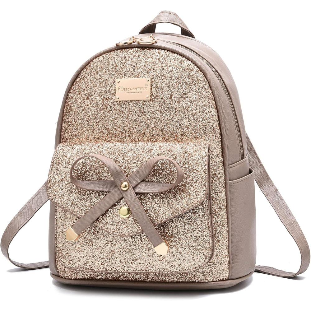 imageI IHAYNER Girls Bowknot Cute Leather Backpack Mini Backpack Purse for WomenGlitter Dark Apricot