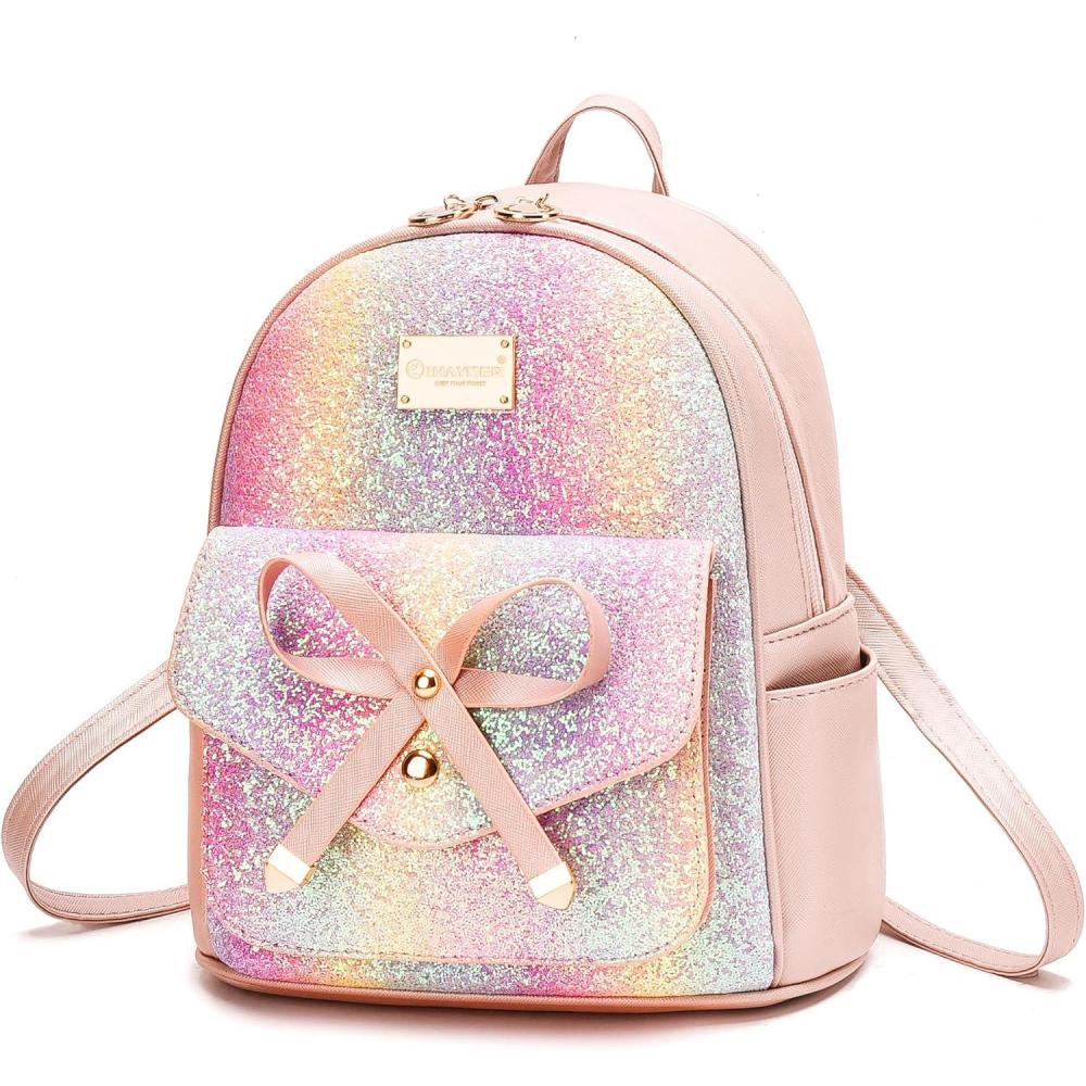 imageI IHAYNER Girls Bowknot Cute Leather Backpack Mini Backpack Purse for WomenGlitter Pink