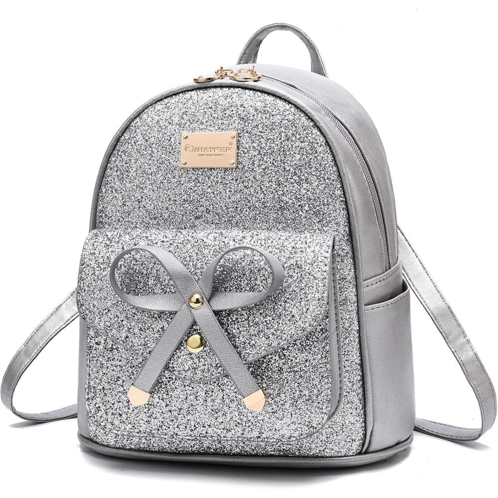 imageI IHAYNER Girls Bowknot Cute Leather Backpack Mini Backpack Purse for WomenGlitter Silver