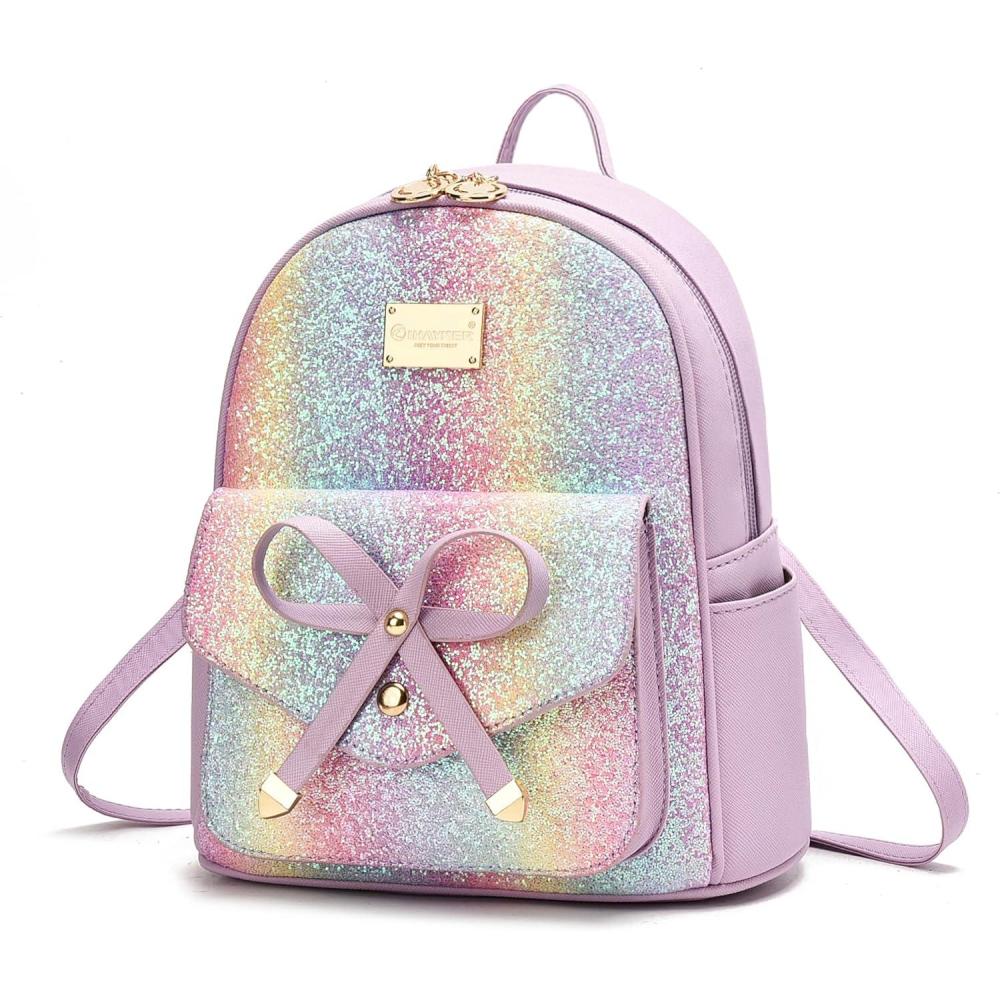 imageI IHAYNER Girls Bowknot Cute Leather Backpack Mini Backpack Purse for WomenSparkly Purple