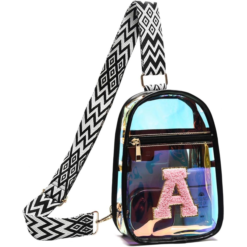imageI IHAYNER Clear Bag for Stadium Events Fashion Wasit Pack for Girls Small Initial Sling Bag Holographic Laser Crossbody Bags BlackAA