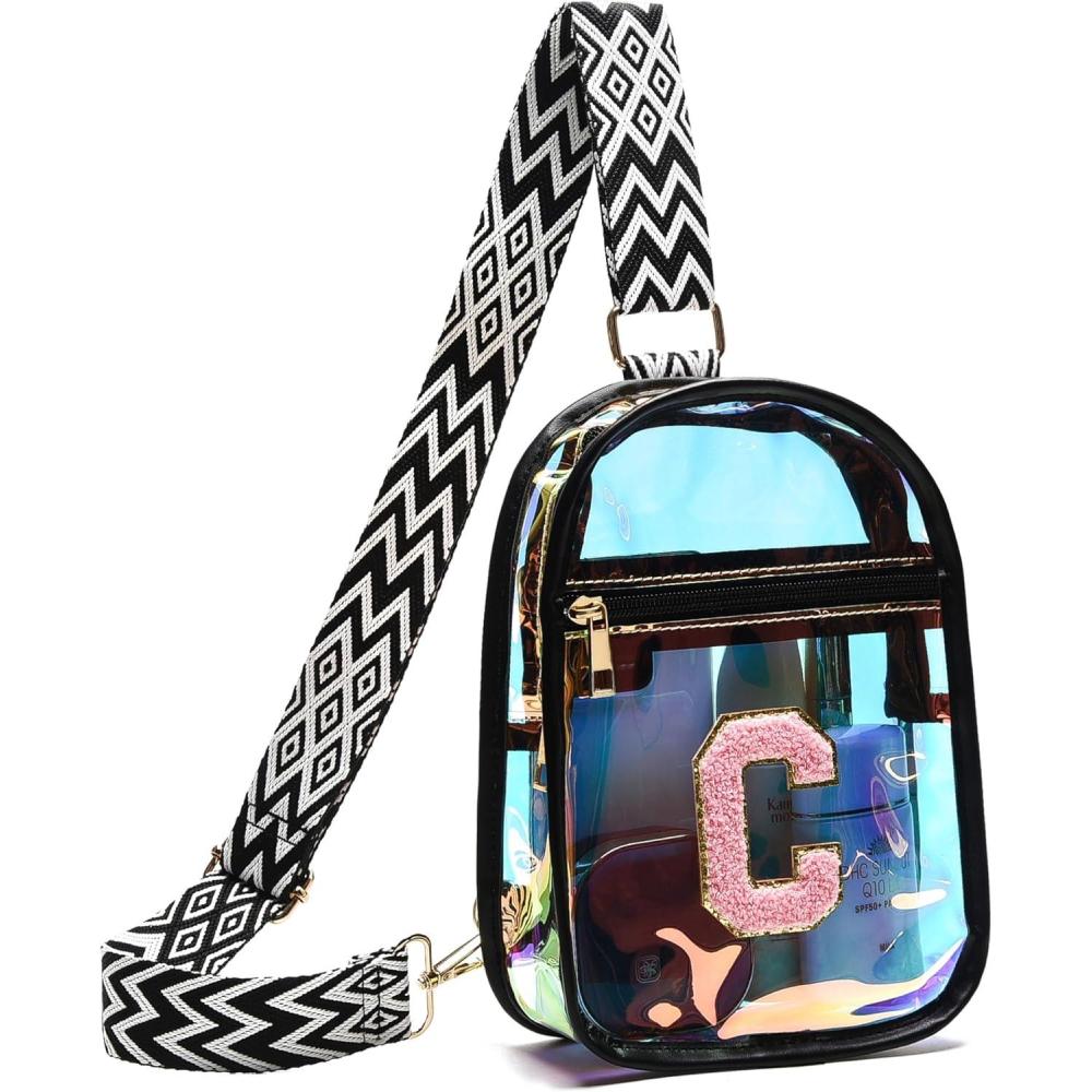 imageI IHAYNER Clear Bag for Stadium Events Fashion Wasit Pack for Girls Small Initial Sling Bag Holographic Laser Crossbody Bags BlackAC