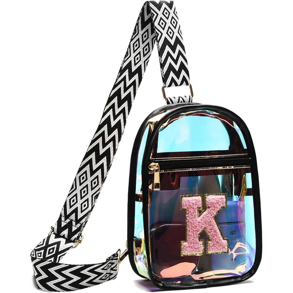 imageI IHAYNER Clear Bag for Stadium Events Fashion Wasit Pack for Girls Small Initial Sling Bag Holographic Laser Crossbody Bags BlackAK