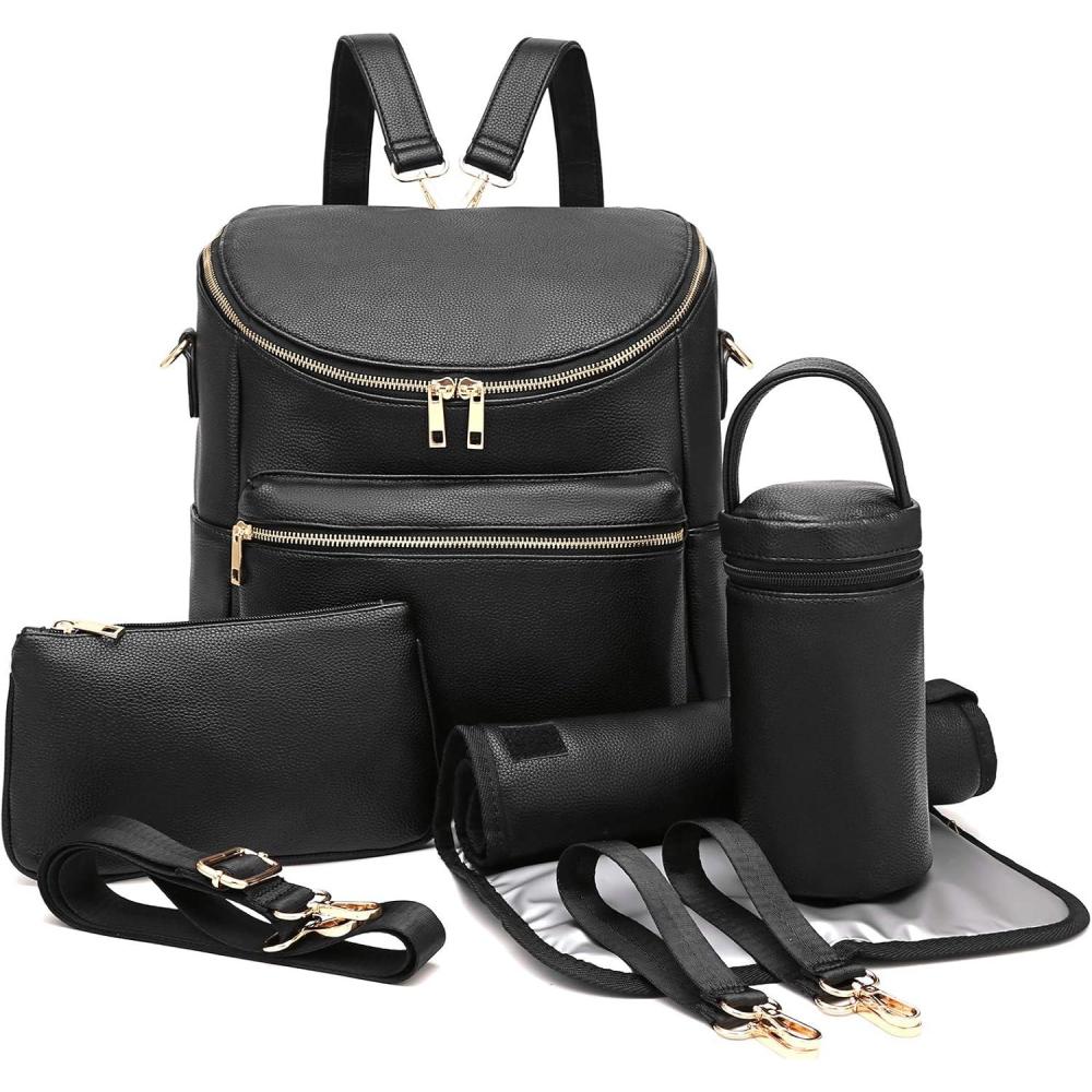 imageI IHAYNER Diaper Bag Backpack Leather Backpack for Women Travel Backpack Baby Bag Large with Troller Straps Capacity for Wet Clothes Breast Pump Milk Bottle BrownBlack