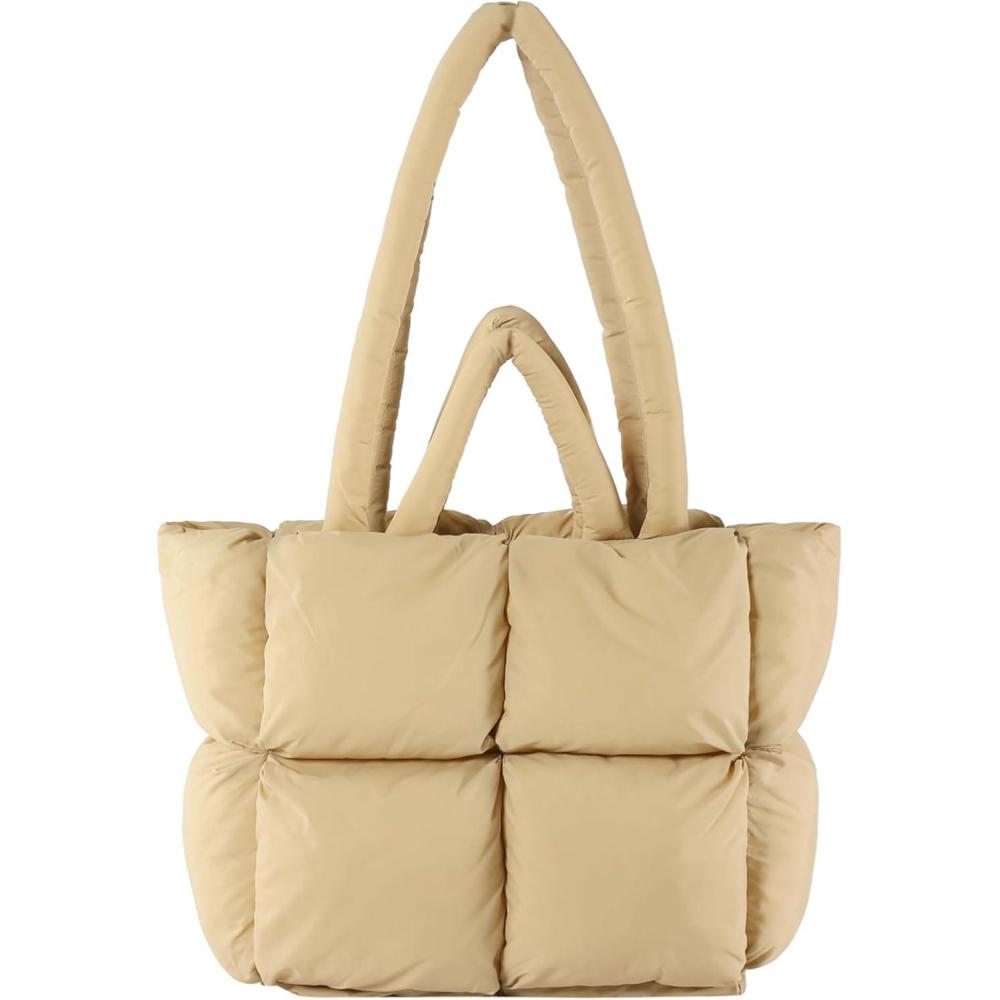 imageI IHAYNER Puffer Tote Bag for Women Large Quilted Puffy Handbag Lightweight Satchel Purse for Work Travel Padded Shoulder BagKhaki