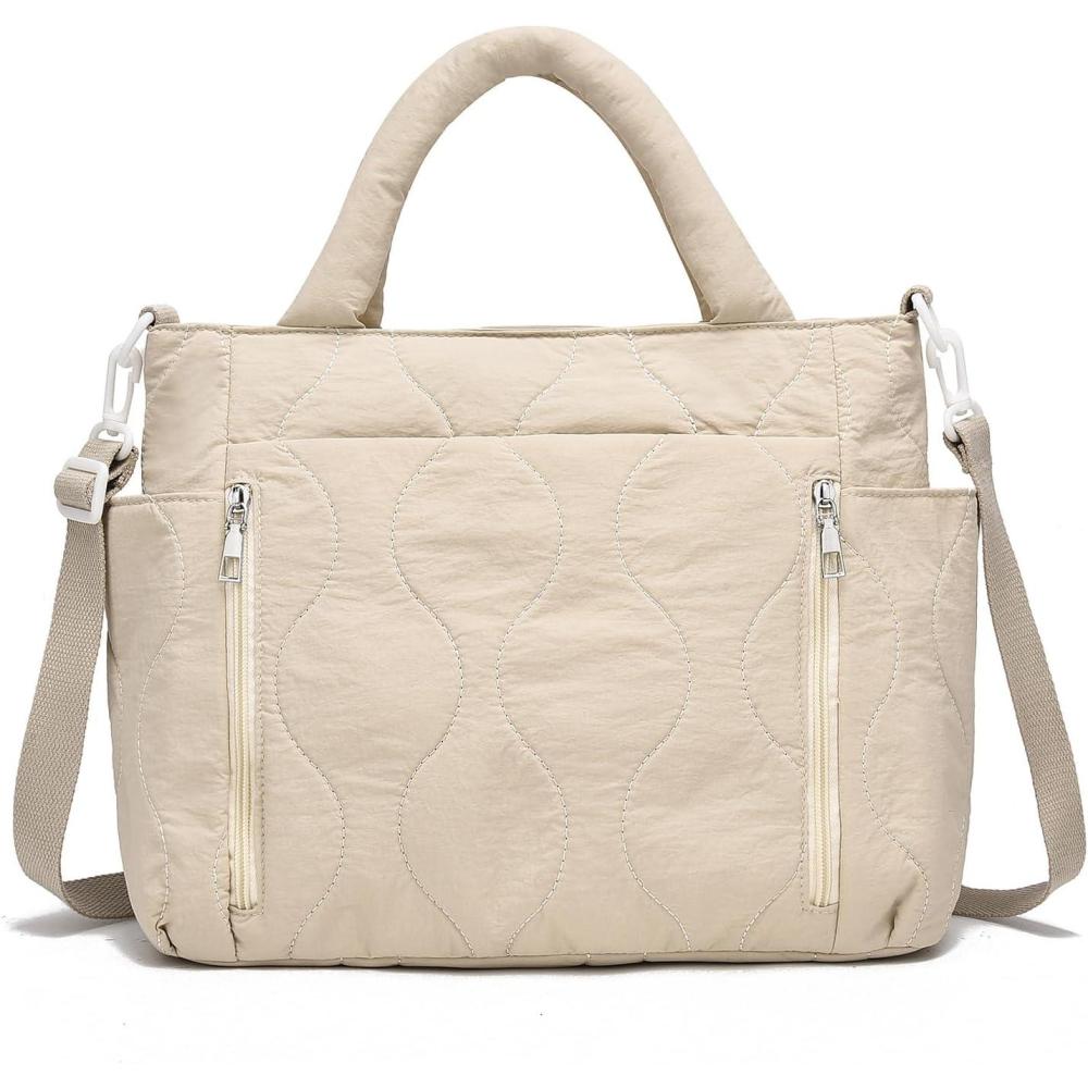 imageI IHAYNER Puffer Tote Bag for Women Lightweight Top Handle Handbag Large Shoulder Bag with Zipper for Travel WorkBeige1