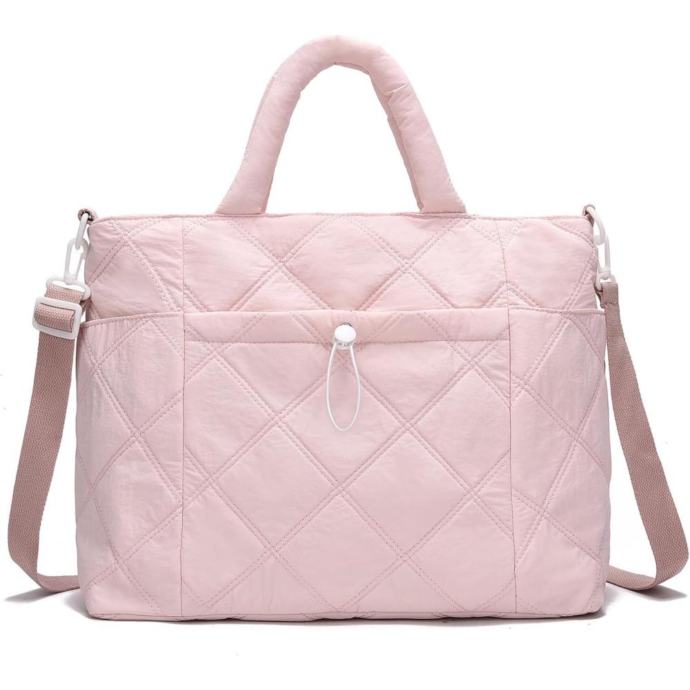 imageI IHAYNER Puffer Tote Bag for Women Lightweight Top Handle Handbag Large Shoulder Bag with Zipper for Travel WorkPink