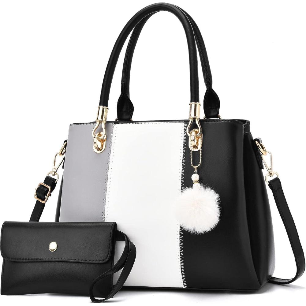 imageWomen Handbags Large Tote Shoulder Bag Crossbody Bag for Women Color Stitching Top Handle Satchel Hobo 2pcs Purse SetBlack1