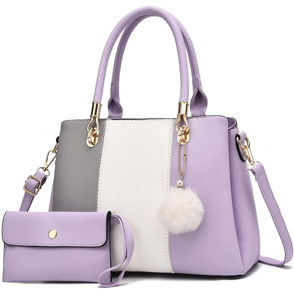 imageWomen Handbags Large Tote Shoulder Bag Crossbody Bag for Women Color Stitching Top Handle Satchel Hobo 2pcs Purse SetPurple