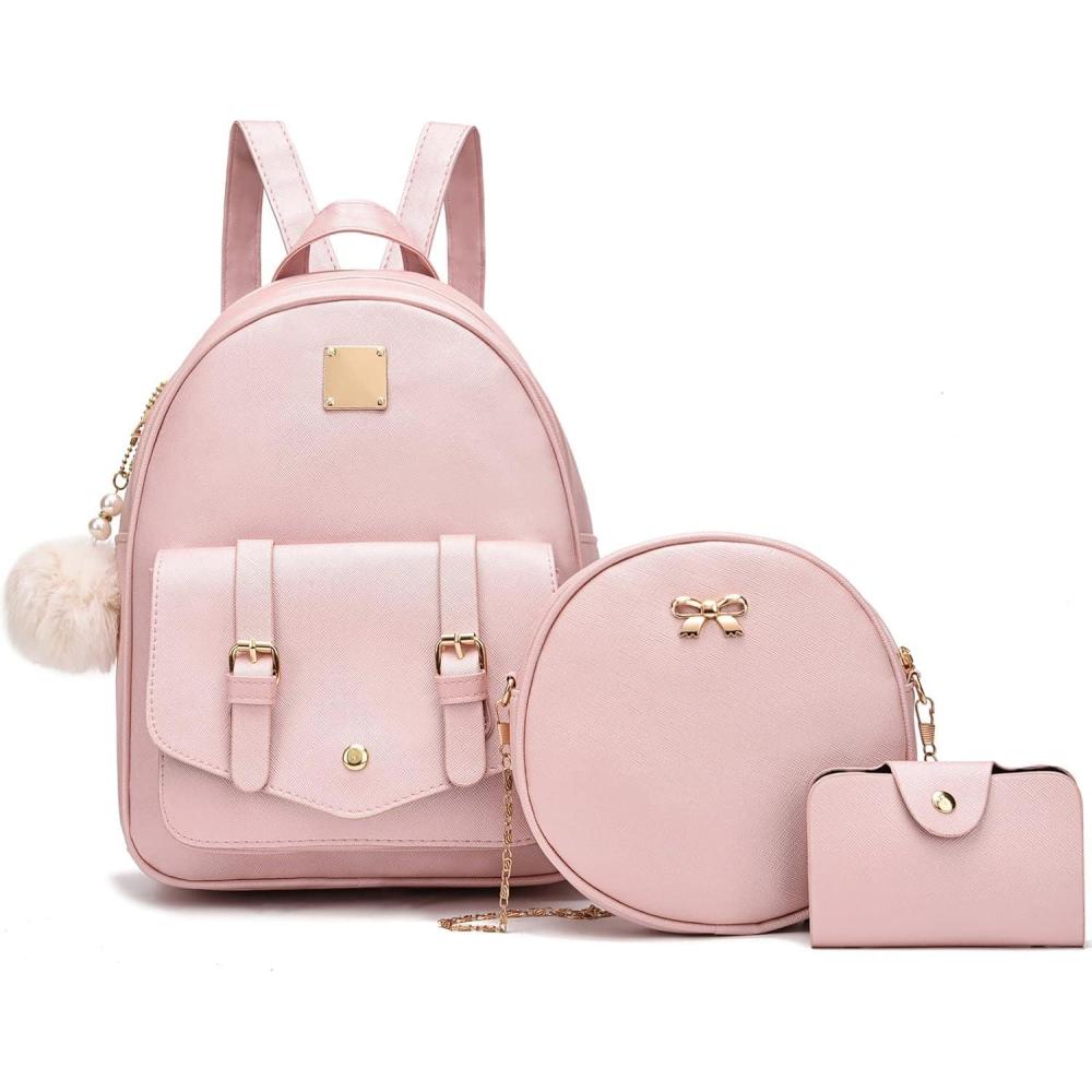 imageGirls 3Pieces Fahsion Leather Backpack Purse Set for Women Rucksack for Ladies Satchel Bag for GirlsGold Pink
