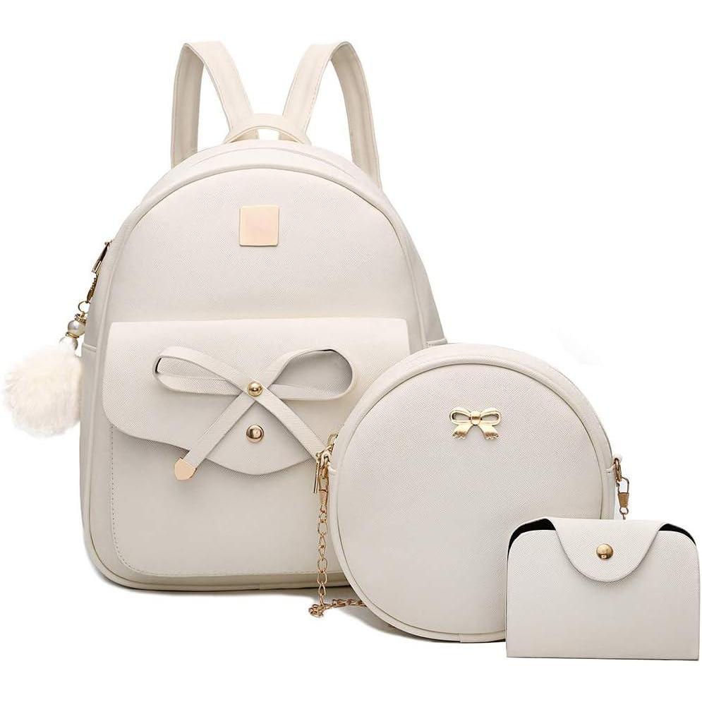 imageI IHAYNER Girls Bowknot 3Pieces Fahsion Leather Backpack Backpack Purse for Women Rucksack for Ladies Shoulder BagBeige