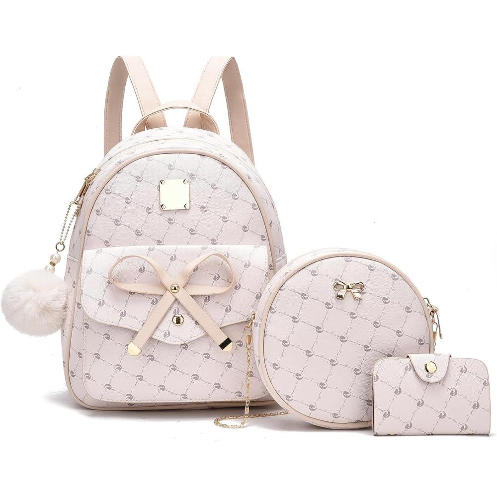 imageI IHAYNER Girls Bowknot 3Pieces Fahsion Leather Backpack Backpack Purse for Women Rucksack for Ladies Shoulder BagBeige1