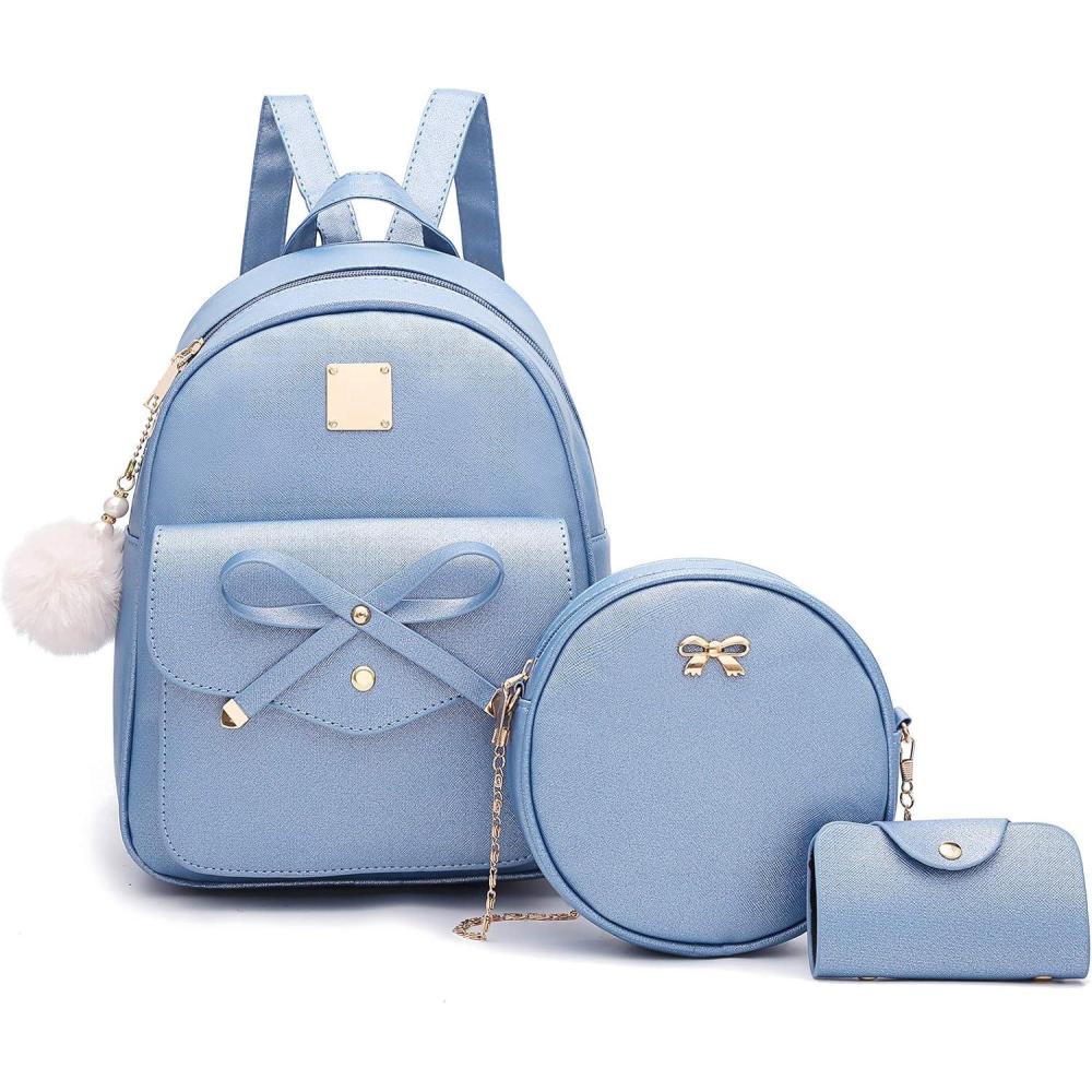 imageI IHAYNER Girls Bowknot 3Pieces Fahsion Leather Backpack Backpack Purse for Women Rucksack for Ladies Shoulder BagBright Blue
