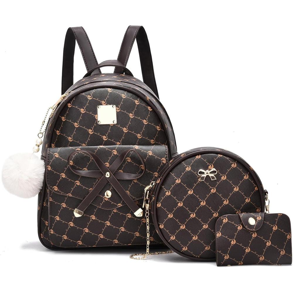 imageI IHAYNER Girls Bowknot 3Pieces Fahsion Leather Backpack Backpack Purse for Women Rucksack for Ladies Shoulder BagCoffee