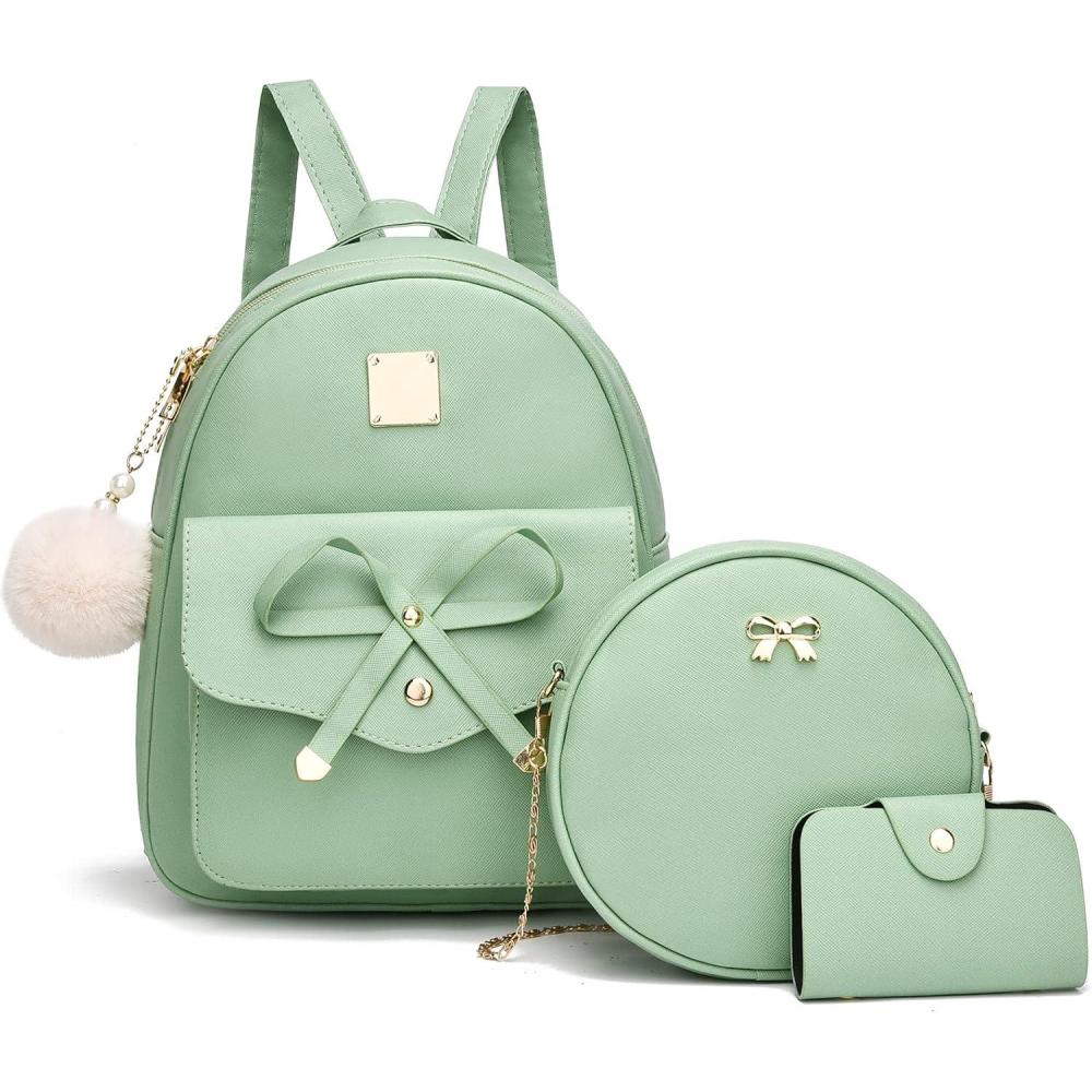 imageI IHAYNER Girls Bowknot 3Pieces Fahsion Leather Backpack Backpack Purse for Women Rucksack for Ladies Shoulder BagGreen