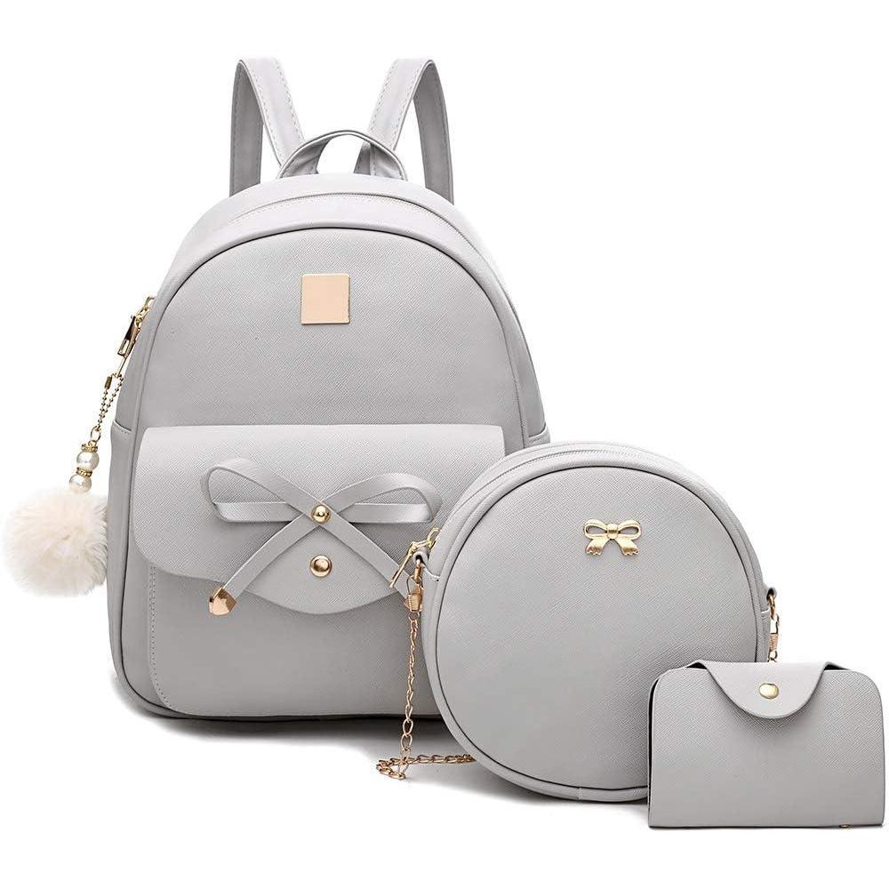imageI IHAYNER Girls Bowknot 3Pieces Fahsion Leather Backpack Backpack Purse for Women Rucksack for Ladies Shoulder BagGrey