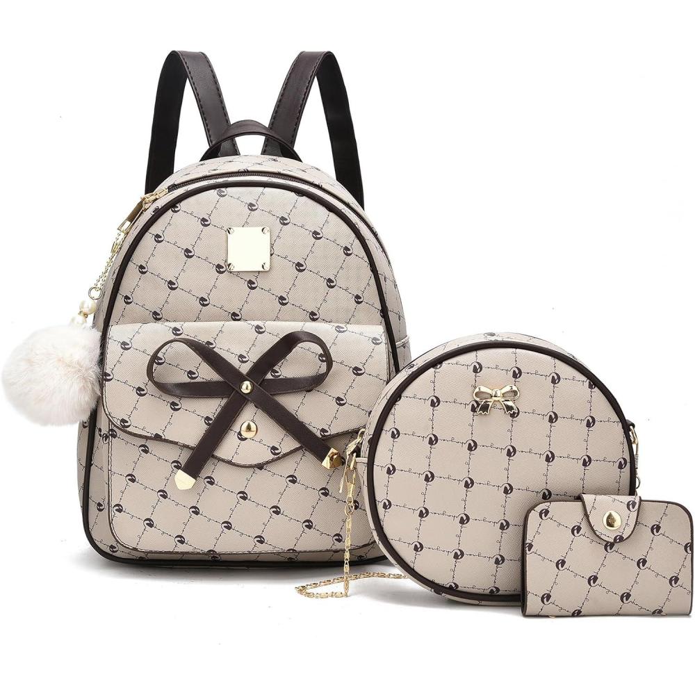 imageI IHAYNER Girls Bowknot 3Pieces Fahsion Leather Backpack Backpack Purse for Women Rucksack for Ladies Shoulder BagKhaki
