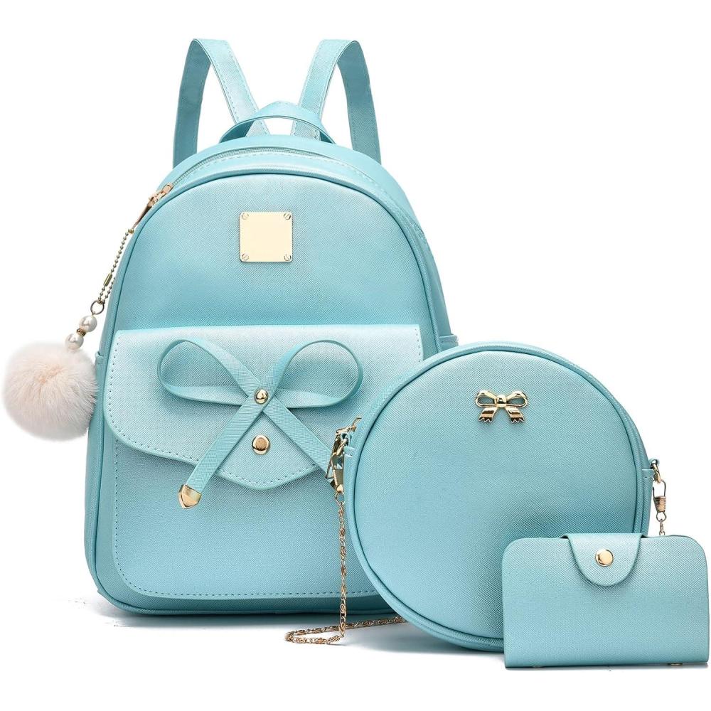 imageI IHAYNER Girls Bowknot 3Pieces Fahsion Leather Backpack Backpack Purse for Women Rucksack for Ladies Shoulder BagPearl Blue