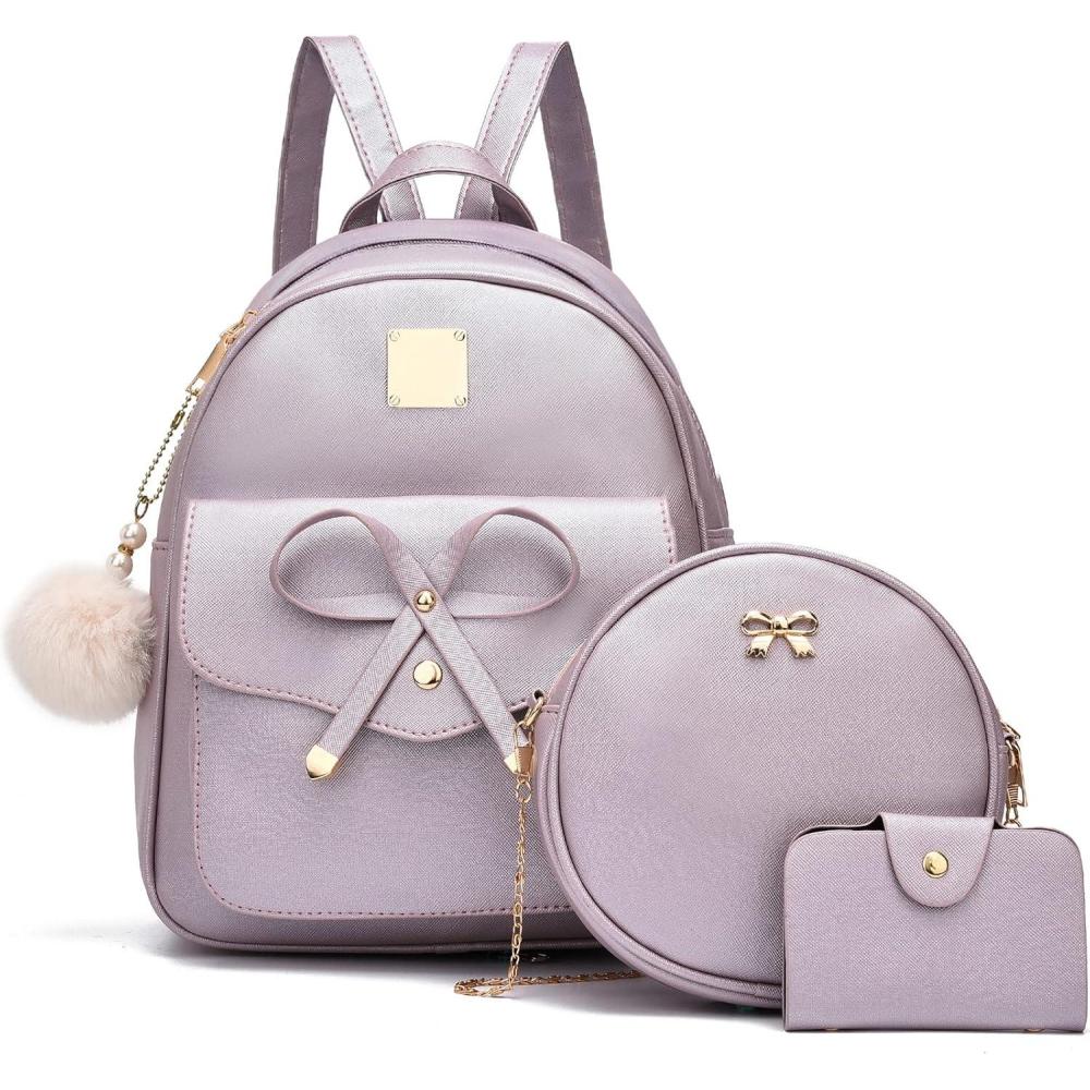 imageI IHAYNER Girls Bowknot 3Pieces Fahsion Leather Backpack Backpack Purse for Women Rucksack for Ladies Shoulder BagPearl Purple