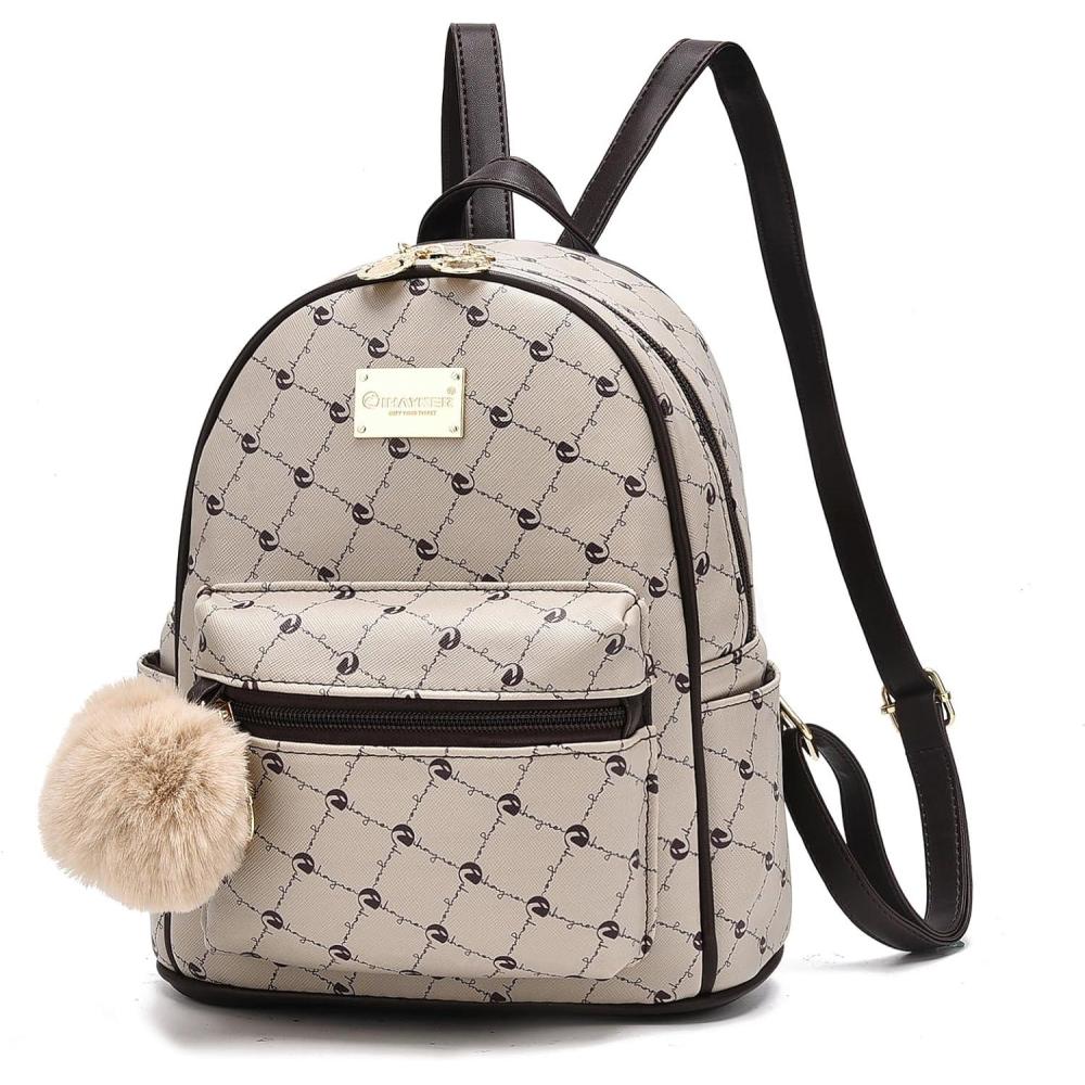 imageI IHAYNER Girls Fashion Backpack Purse Leather Mini Backpack Purse for Women Satchel School Bags with Pompom Travel DaypacksKahki