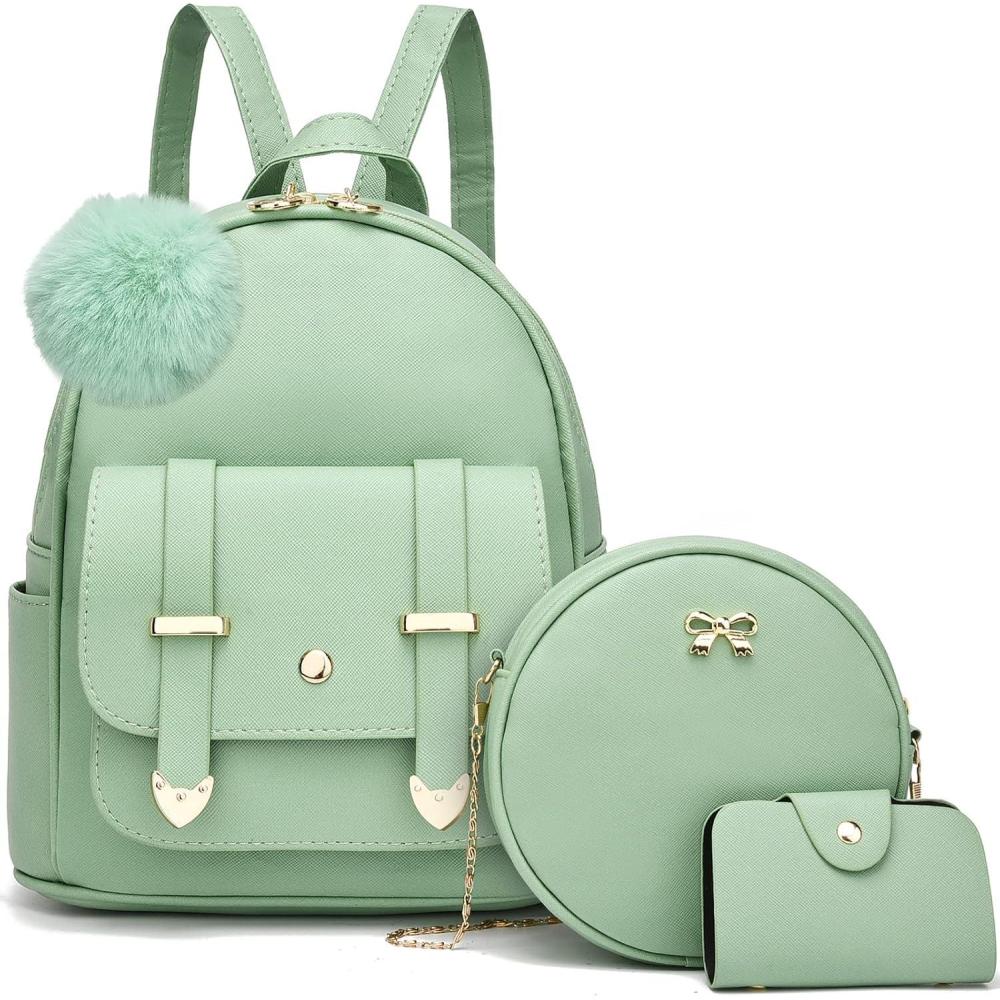 imageI IHAYNER Mini Backpack Purse for Teen Girls 3PCS Fashion Backpack Cute Travel Daypacks Women Pompom Backpack Shoulder BagGreen