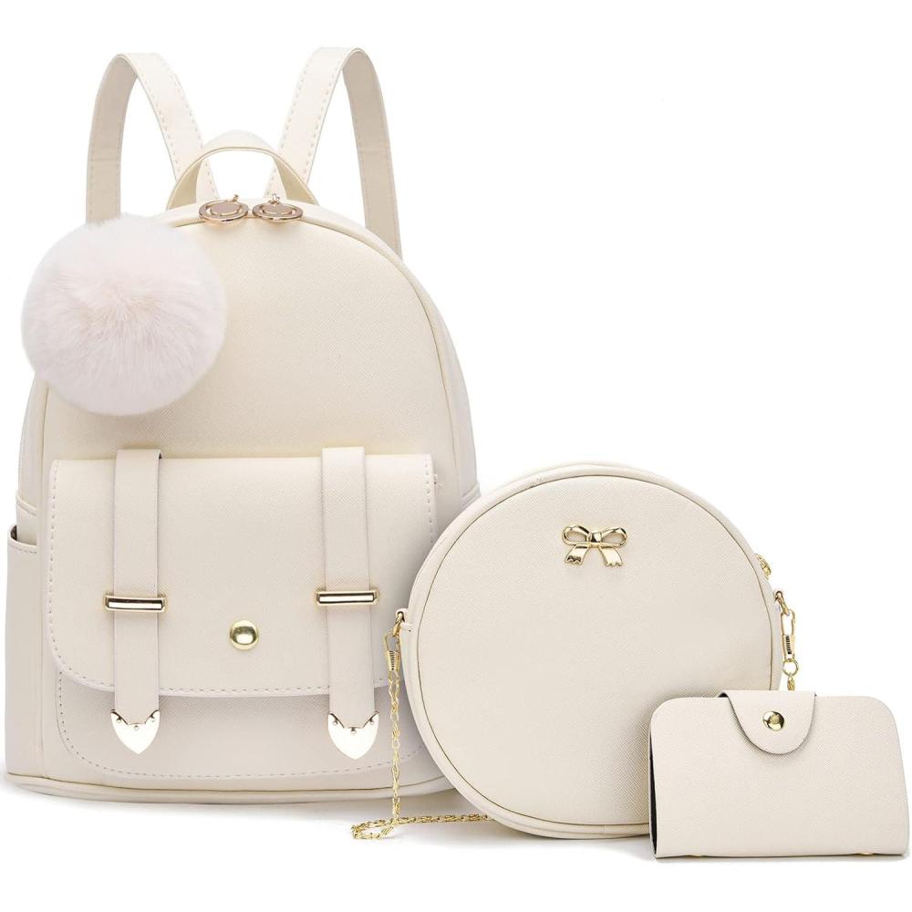 imageI IHAYNER Mini Backpack Purse for Teen Girls 3PCS Fashion Backpack Cute Travel Daypacks Women Pompom Backpack Shoulder BagOffwhite