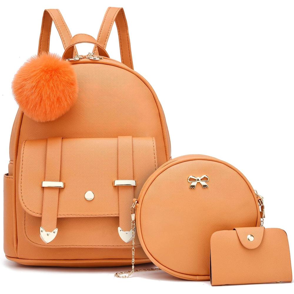 imageI IHAYNER Mini Backpack Purse for Teen Girls 3PCS Fashion Backpack Cute Travel Daypacks Women Pompom Backpack Shoulder BagOrange