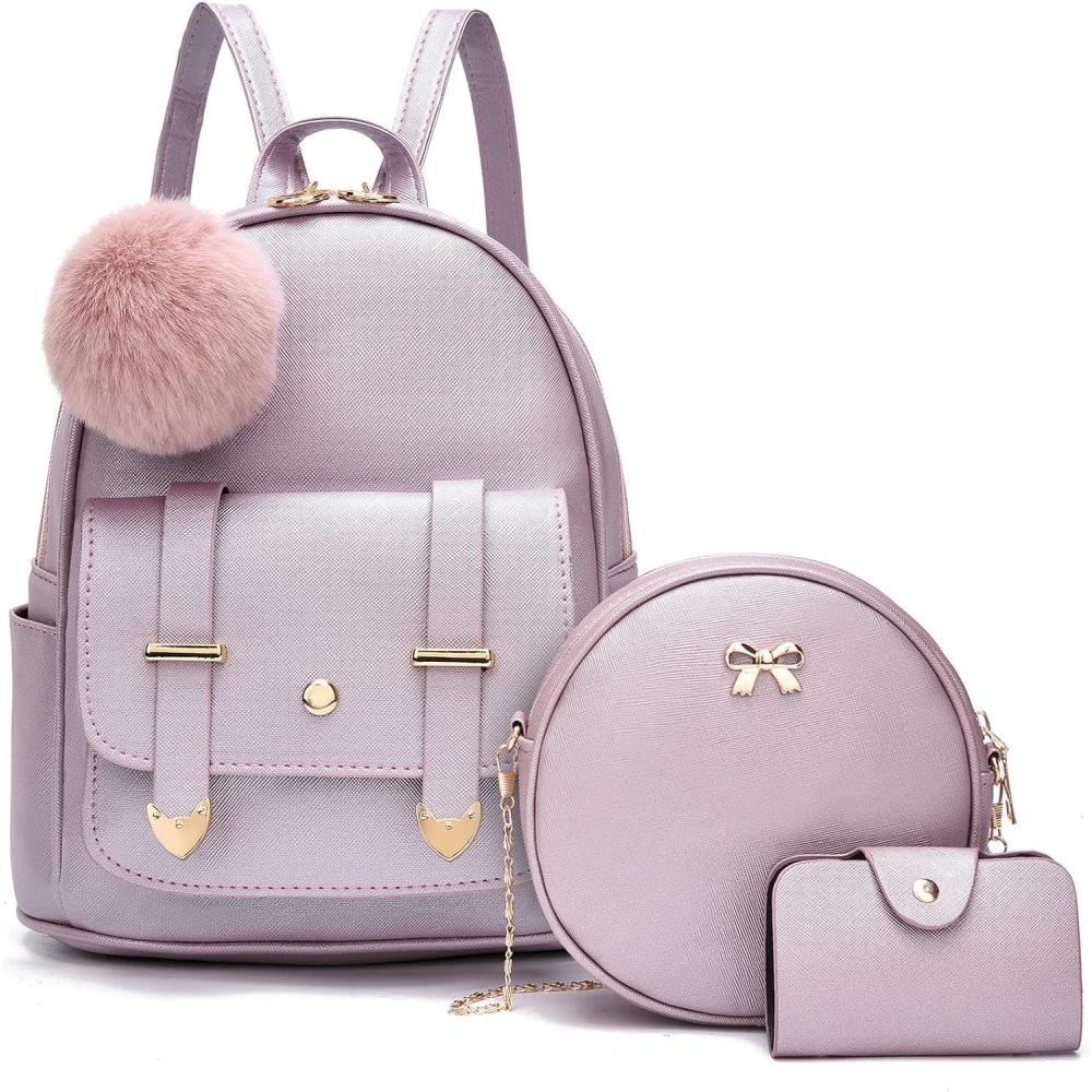 imageI IHAYNER Mini Backpack Purse for Teen Girls 3PCS Fashion Backpack Cute Travel Daypacks Women Pompom Backpack Shoulder BagPearl Purple