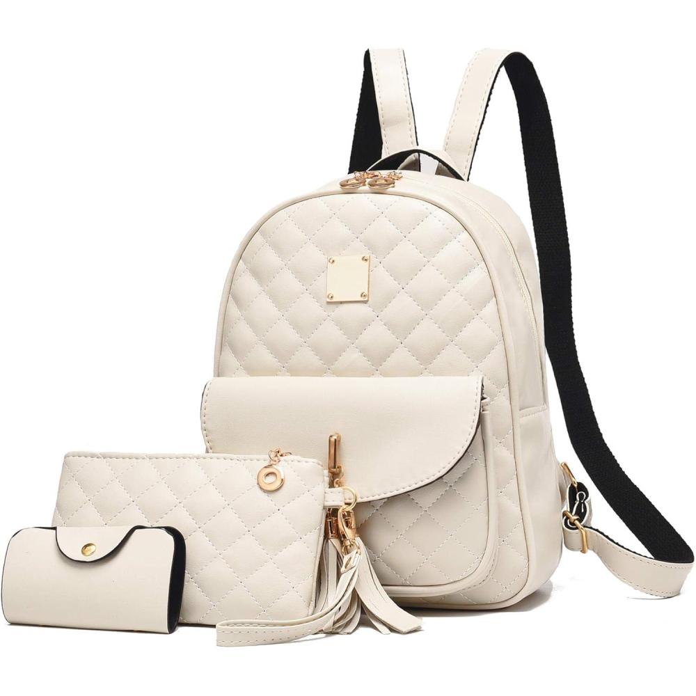 imageIHAYNER Womens Simple Design Quilted Mini Backpack  3Pcs Leather Backpack Purse for WomenBeige