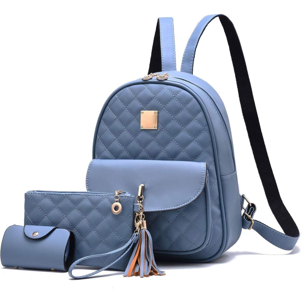 imageIHAYNER Womens Simple Design Quilted Mini Backpack  3Pcs Leather Backpack Purse for WomenBlue