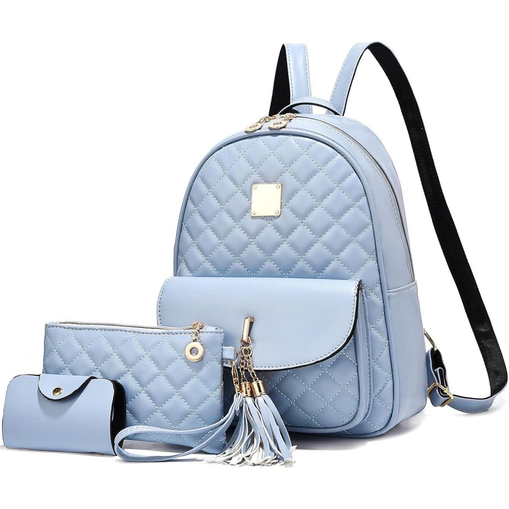 imageIHAYNER Womens Simple Design Quilted Mini Backpack  3Pcs Leather Backpack Purse for WomenLight Blue