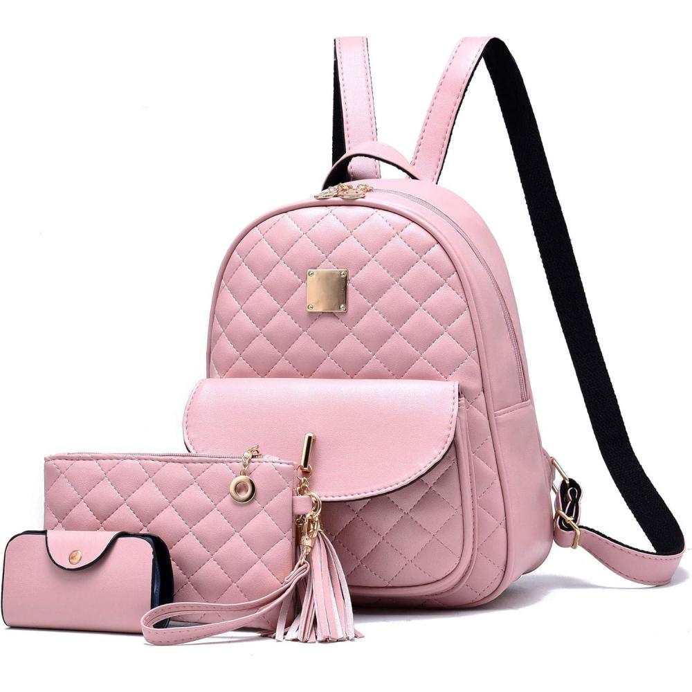 imageIHAYNER Womens Simple Design Quilted Mini Backpack  3Pcs Leather Backpack Purse for WomenPink