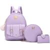 Girls 3-Pieces Fahsion Leather Backpack Purse Set for Women Rucksack for Ladies Satchel Bag for Girls(Purple)