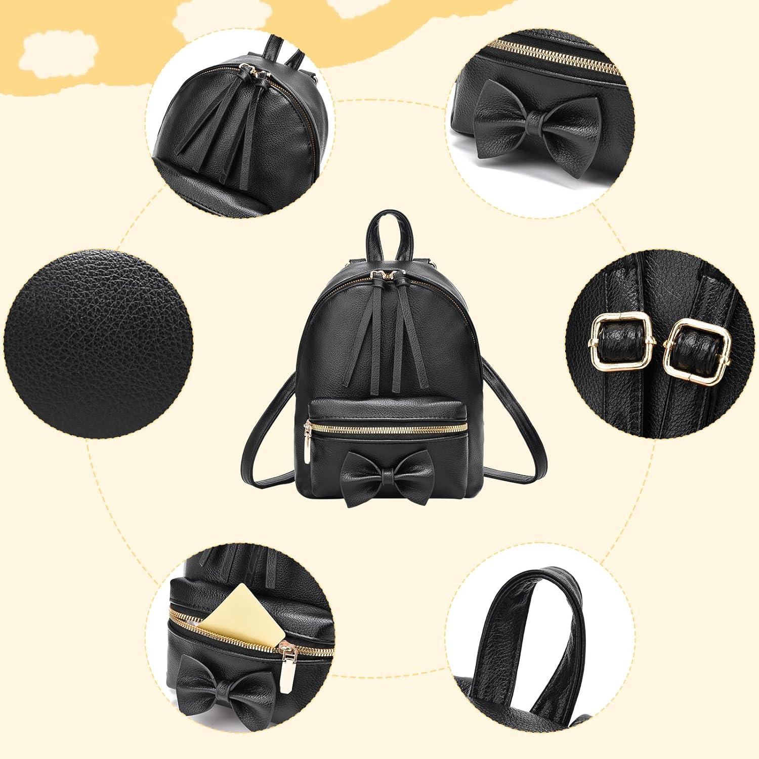 imageI IHAYNER Bowknot Mini Backpack Purse with Tassels Cute Small Backpack for Women Leather Little Bag Shoulder Bag for Ladies BlackBeige