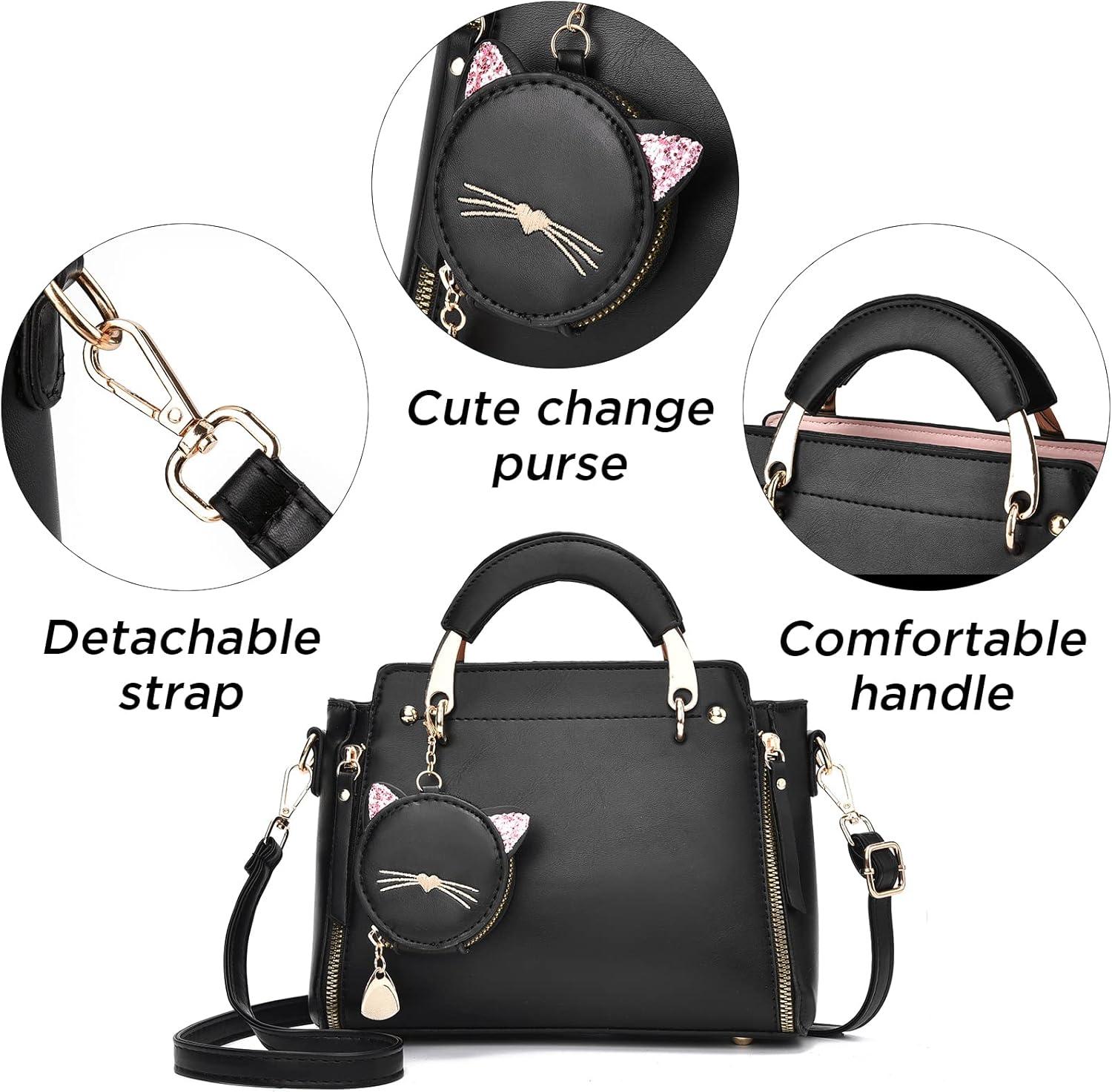 imageI IHAYNER Fashion Purses and Handbags for Women Top Handle Bag Girls Small Crossbody Shoulder Bag for Ladies with Kitty PurseWhite1