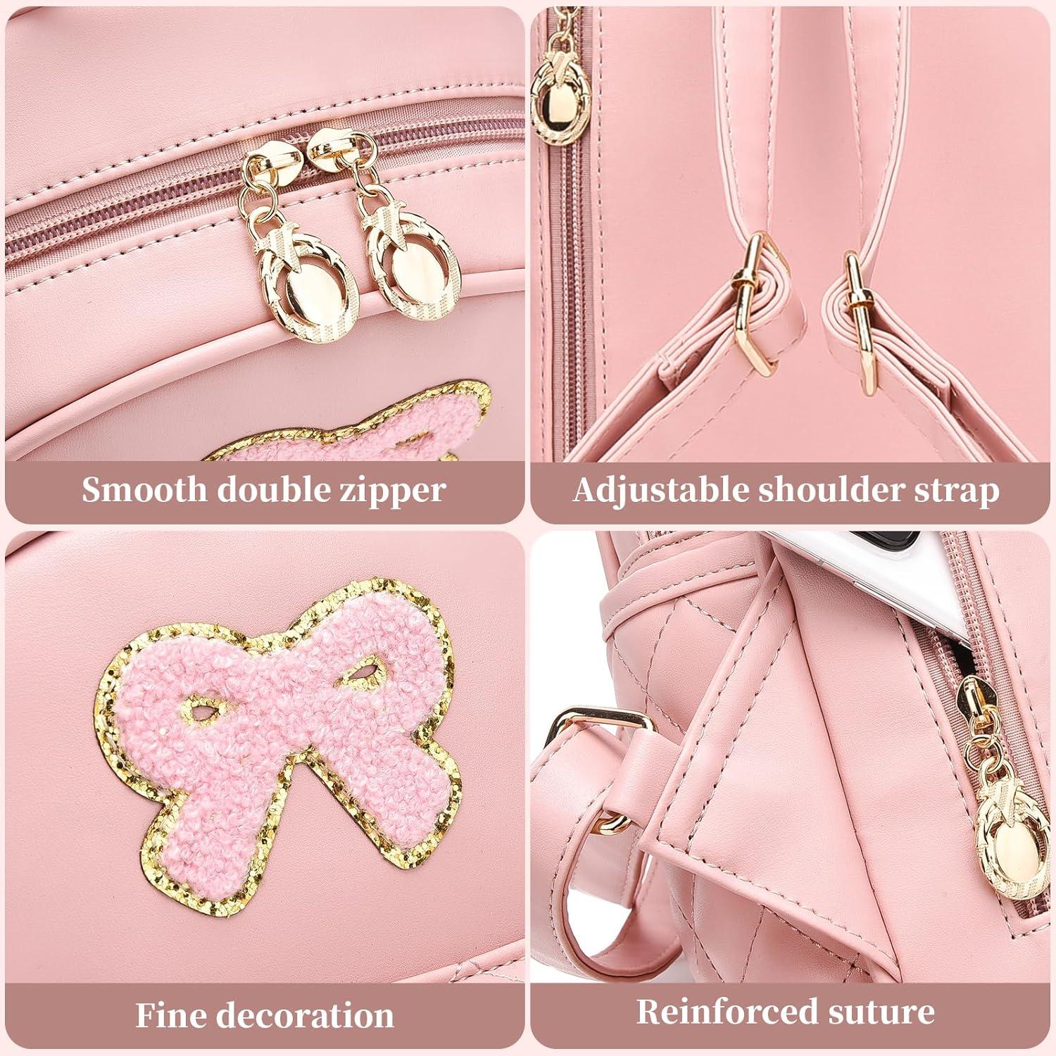 imageI IHAYNER Girls Bowknot Cute Leather Backpack Mini Backpack Purse for Women Small Bookbag Travel Daypacks with Charm Tassel PurplePink