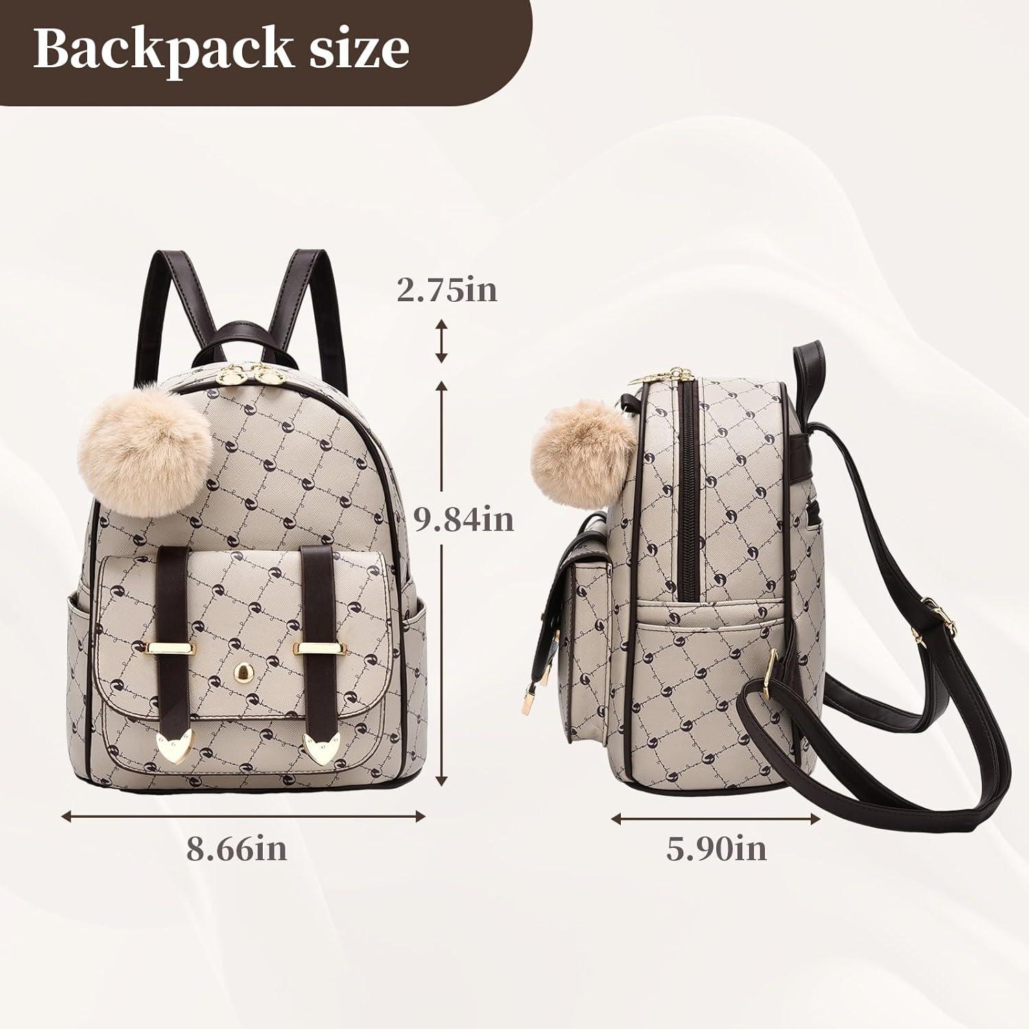 imageI IHAYNER Girls Fashion Backpack Mini Backpack Purse for Women Teenage Girls Purses PU Leather Pompom Backpack Shoulder BagBeige
