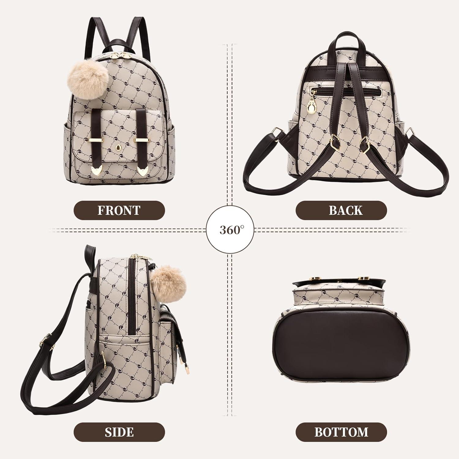 imageI IHAYNER Girls Fashion Backpack Mini Backpack Purse for Women Teenage Girls Purses PU Leather Pompom Backpack Shoulder BagBeige