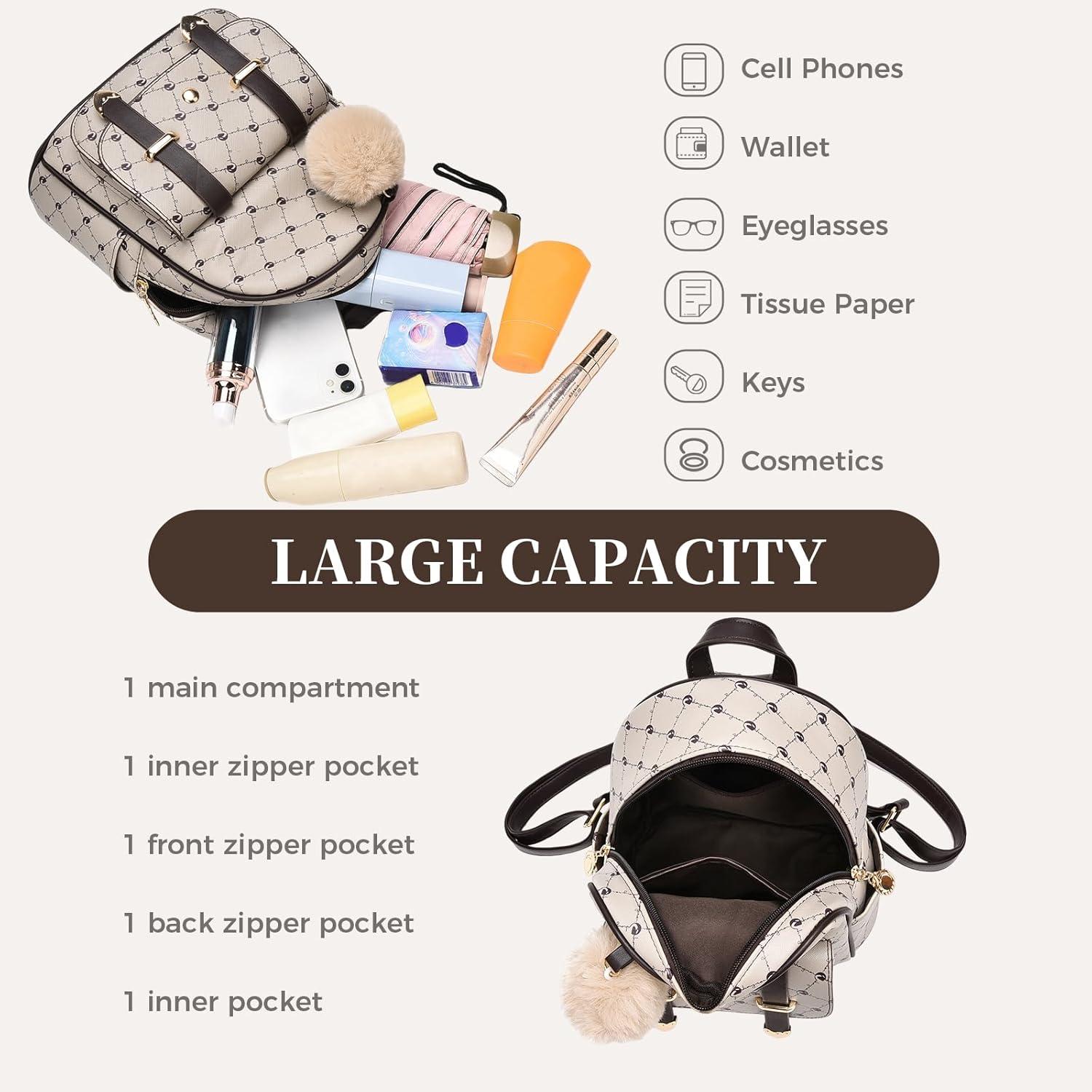 imageI IHAYNER Girls Fashion Backpack Mini Backpack Purse for Women Teenage Girls Purses PU Leather Pompom Backpack Shoulder BagBeige