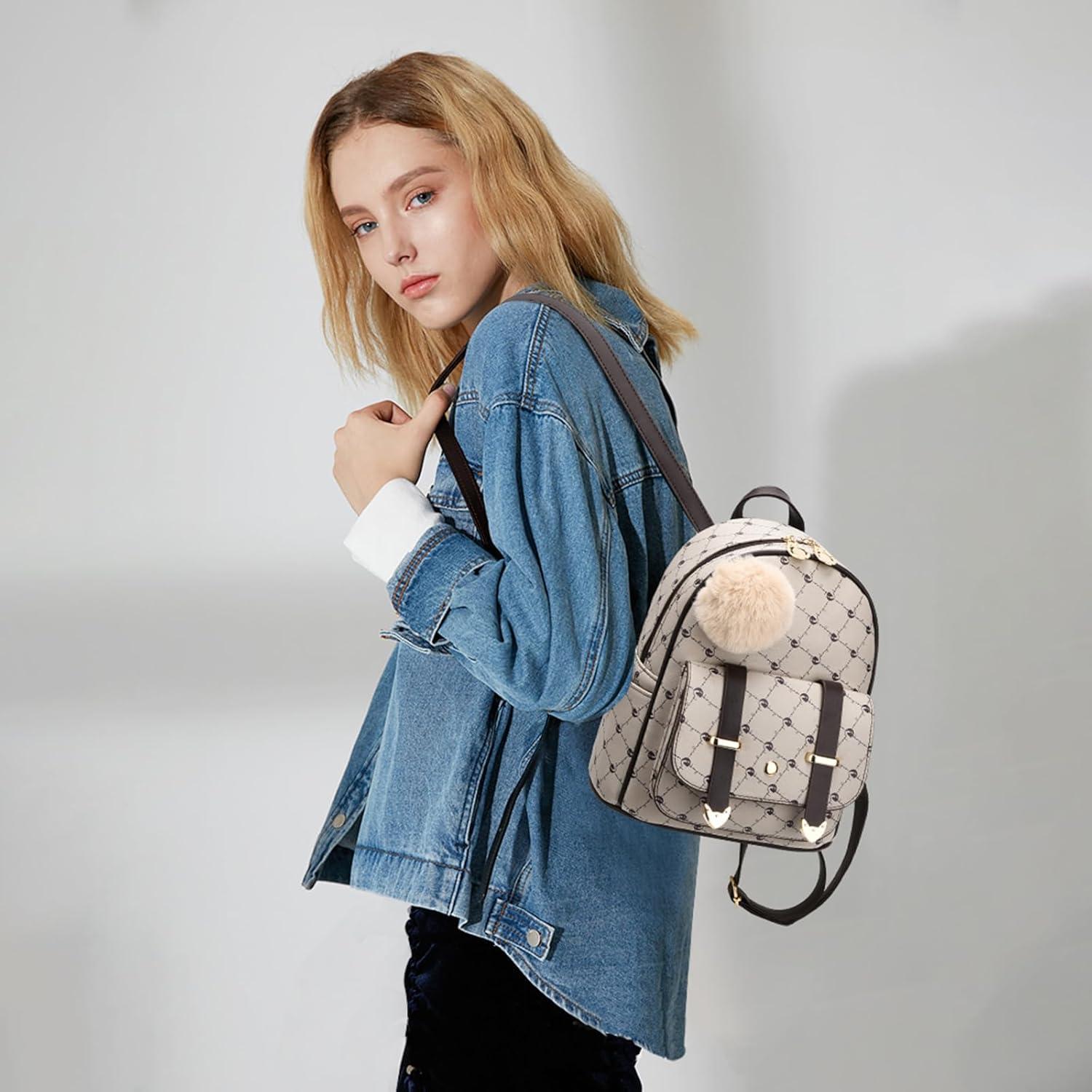 imageI IHAYNER Girls Fashion Backpack Mini Backpack Purse for Women Teenage Girls Purses PU Leather Pompom Backpack Shoulder BagBeige