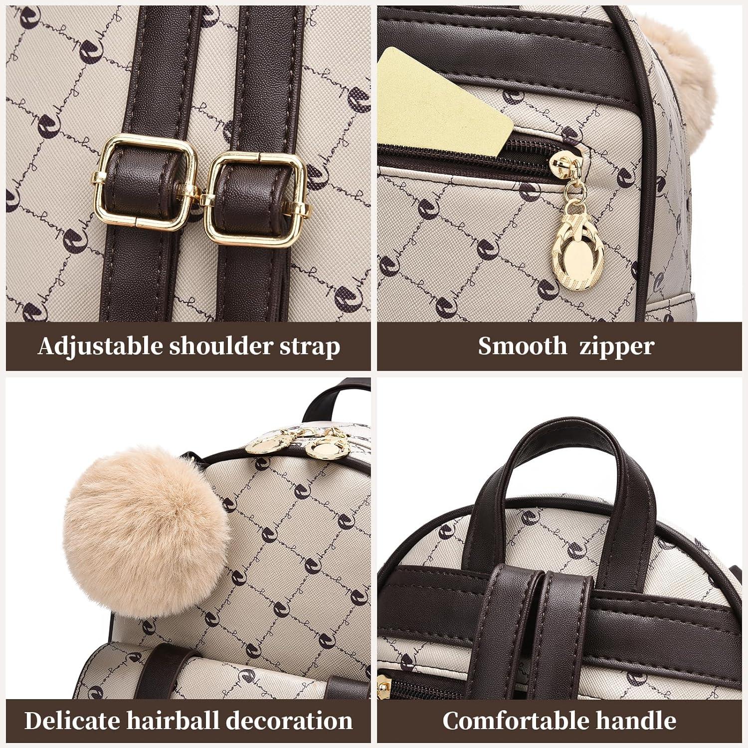 imageI IHAYNER Girls Fashion Backpack Mini Backpack Purse for Women Teenage Girls Purses PU Leather Pompom Backpack Shoulder BagBeige