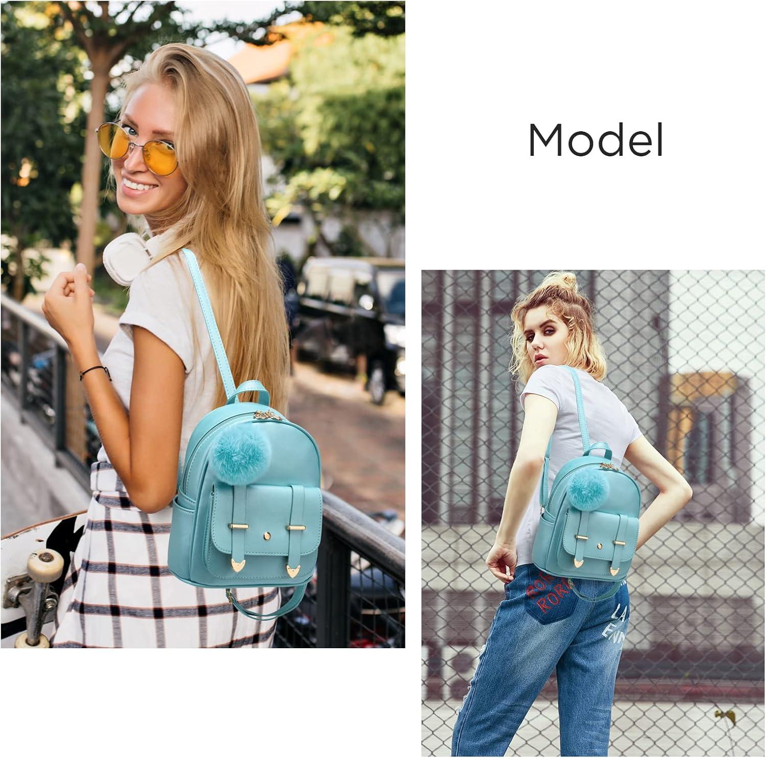 imageI IHAYNER Girls Fashion Backpack Mini Backpack Purse for Women Teenage Girls Purses PU Leather Pompom Backpack Shoulder BagGreen