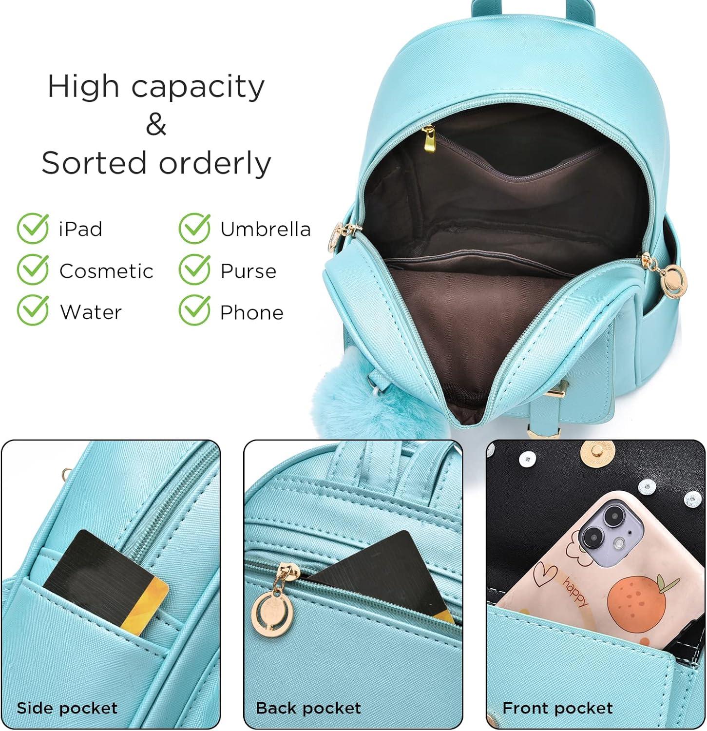 imageI IHAYNER Girls Fashion Backpack Mini Backpack Purse for Women Teenage Girls Purses PU Leather Pompom Backpack Shoulder BagGreen