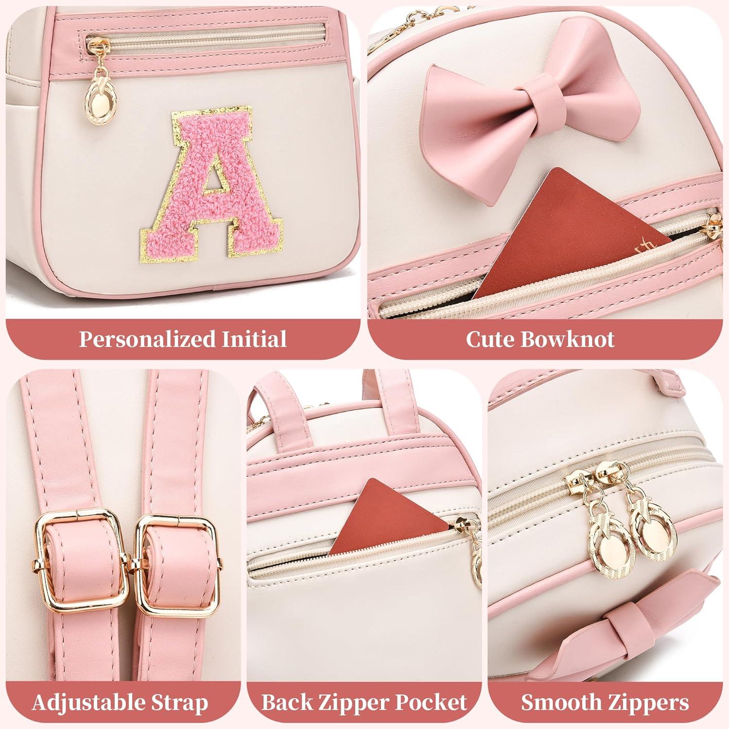 imageI IHAYNER Girls Initial Bowknot Small Leather Backpack Cute Mini Backpack Personalized Trendy Stuff Gifts for Women PinkAPinkm