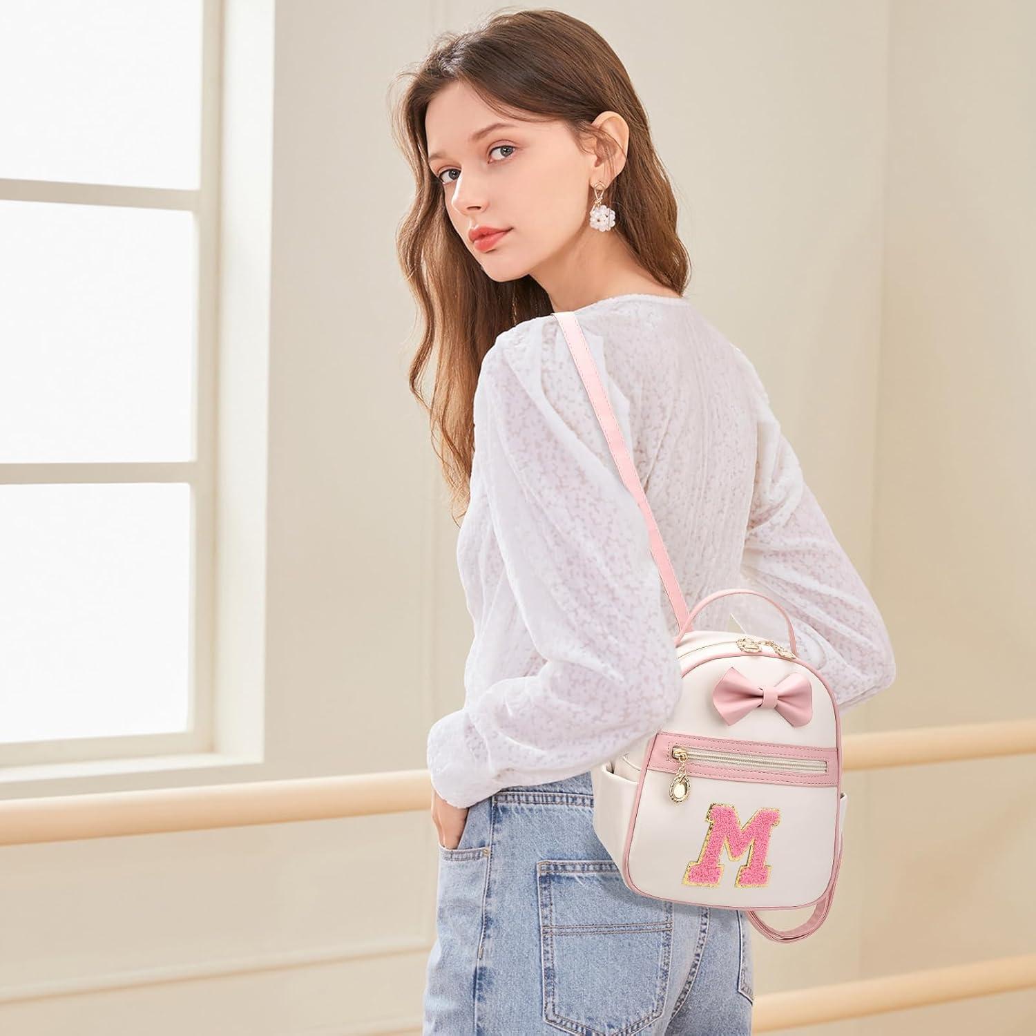 imageI IHAYNER Girls Initial Bowknot Small Leather Backpack Cute Mini Backpack Personalized Trendy Stuff Gifts for Women PinkAPinkm