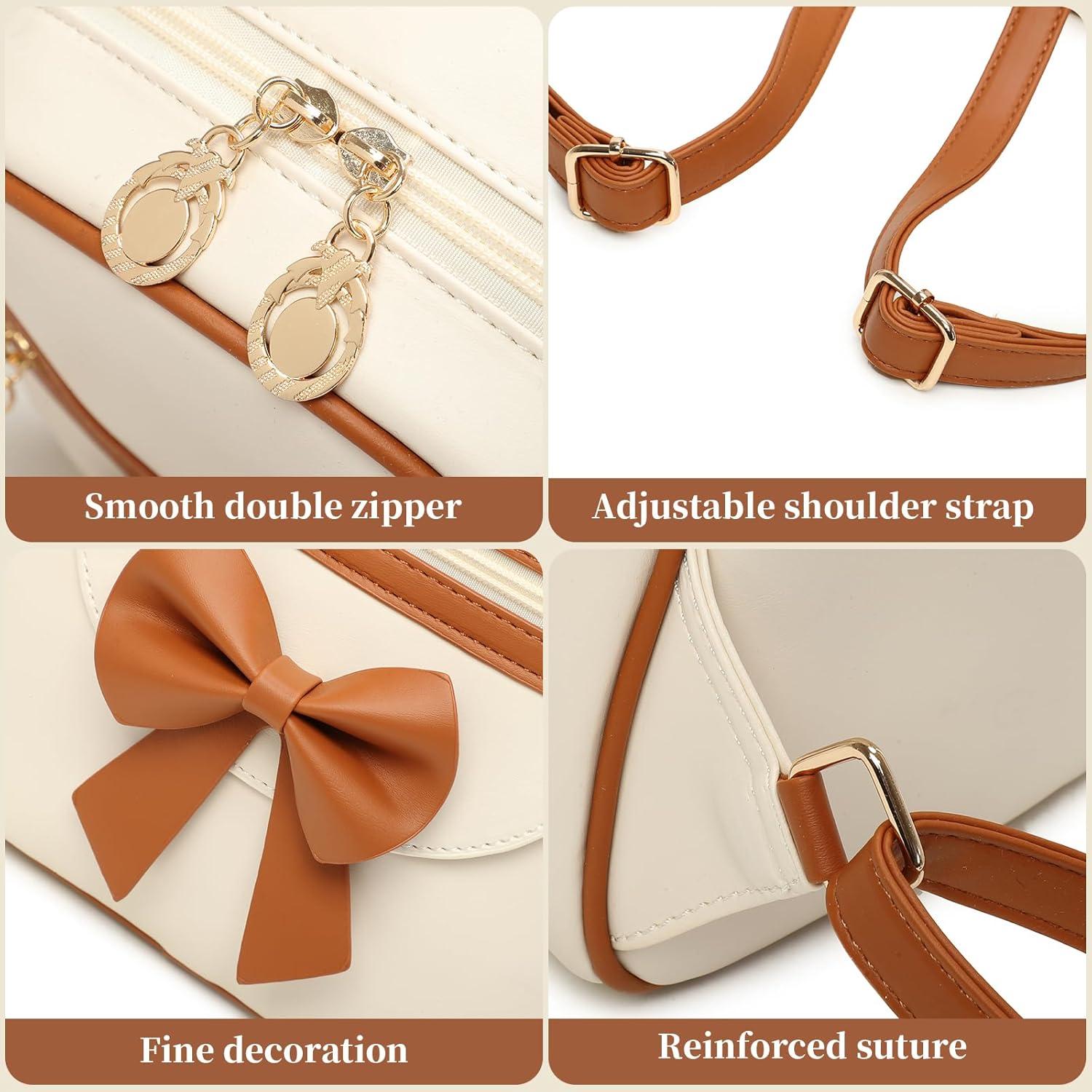 imageI IHAYNER Girls Mini Backpack Cute Bowknot Leather Backpack for Girls Designer Small Shoulder Bag Fashion Handbag for Women BrownWhite
