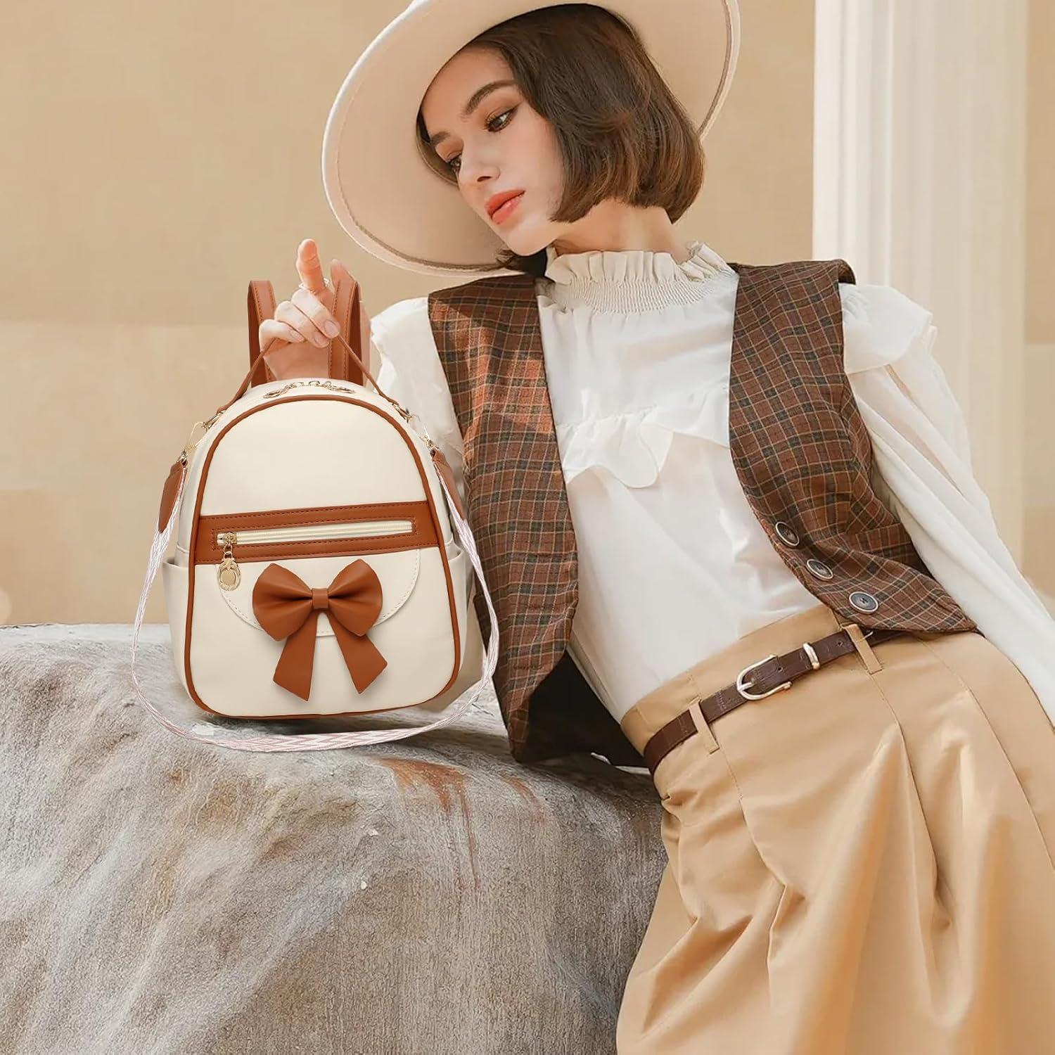 imageI IHAYNER Girls Mini Backpack Cute Bowknot Leather Backpack for Girls Designer Small Shoulder Bag Fashion Handbag for Women BrownWhite