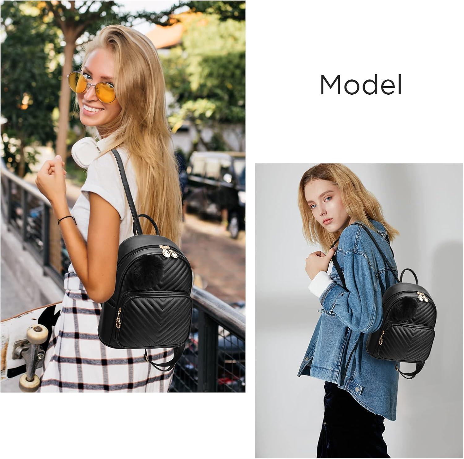 imageI IHAYNER Mini Backpack for Women 3PCS Leather Backpack Purse Small Backpacks for Women Ladies Pompom Backpack Shoulder Bag PinkPink