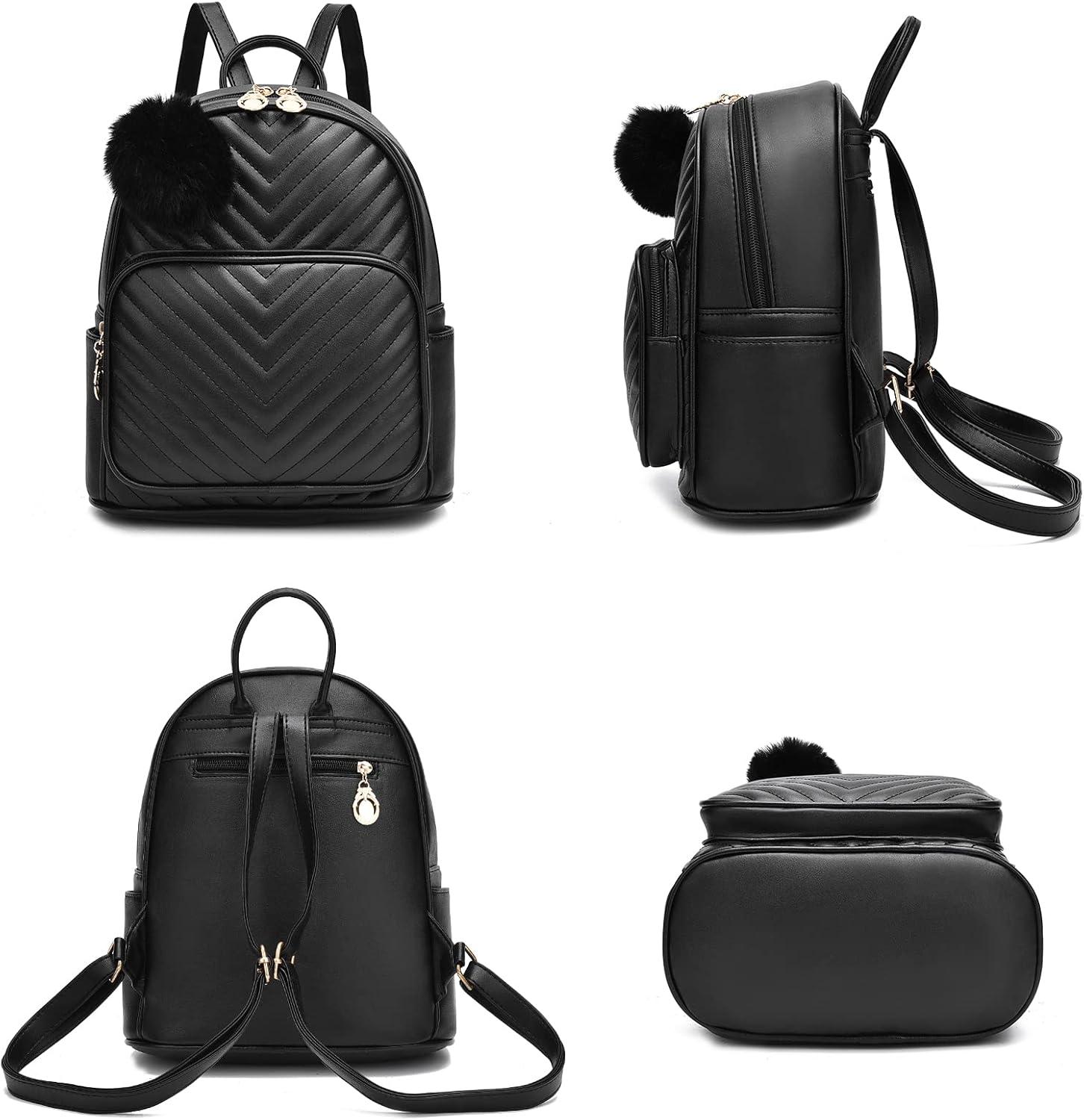 imageI IHAYNER Mini Backpack for Women 3PCS Leather Backpack Purse Small Backpacks for Women Ladies Pompom Backpack Shoulder Bag PinkPink