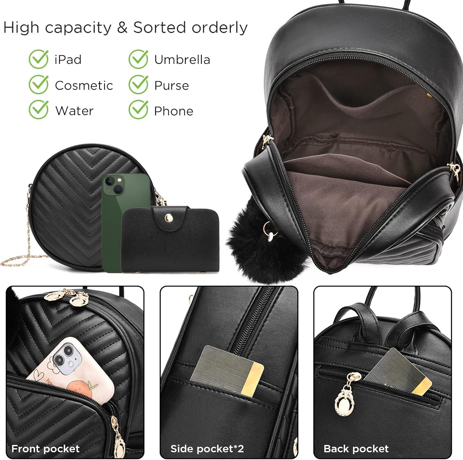 imageI IHAYNER Mini Backpack for Women 3PCS Leather Backpack Purse Small Backpacks for Women Ladies Pompom Backpack Shoulder Bag PinkPink